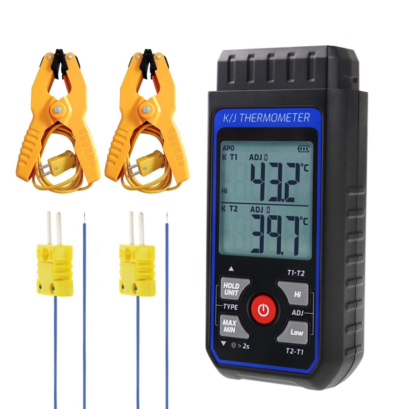Thermomètre thermocouple numérique à double canal de type K/J avec sondes thermocouple de type 2 K et 2 pinces de température, plage de -328 ~ 1 500 °C, compteur de température HVAC industriel avec