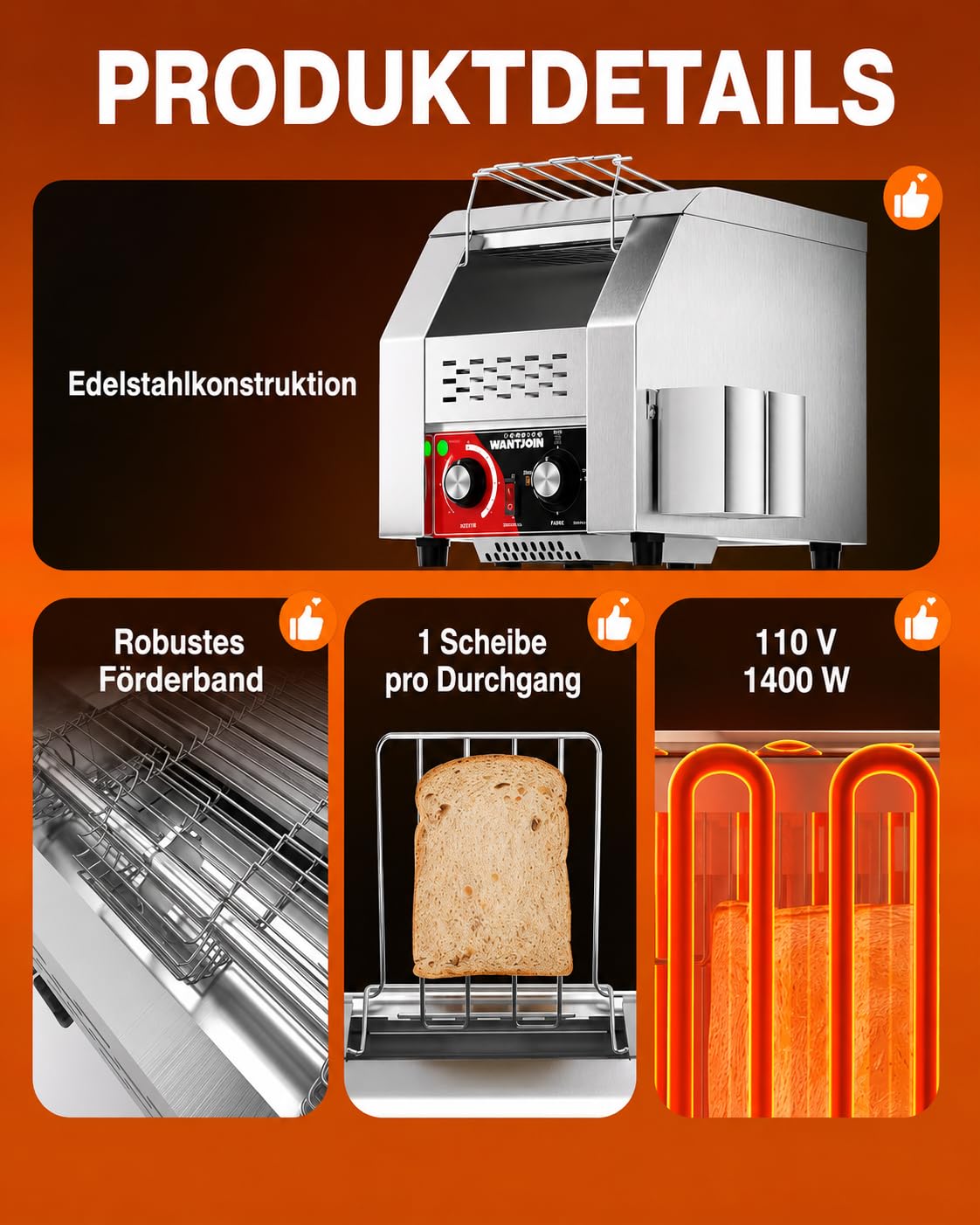 WantJoin Tostapane professionale – Dispositivo elettrico per 150 fette all'ora (toast, hamburger, pane), robusto tostapane in acciaio inox per campeggio, ristoranti, panetterie e buffet