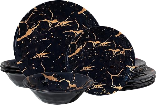 Juego de vajilla de melamina negra, juego de platos y cuencos de cocina de mármol de 12 piezas, apto para lavavajillas, uso en interiores y