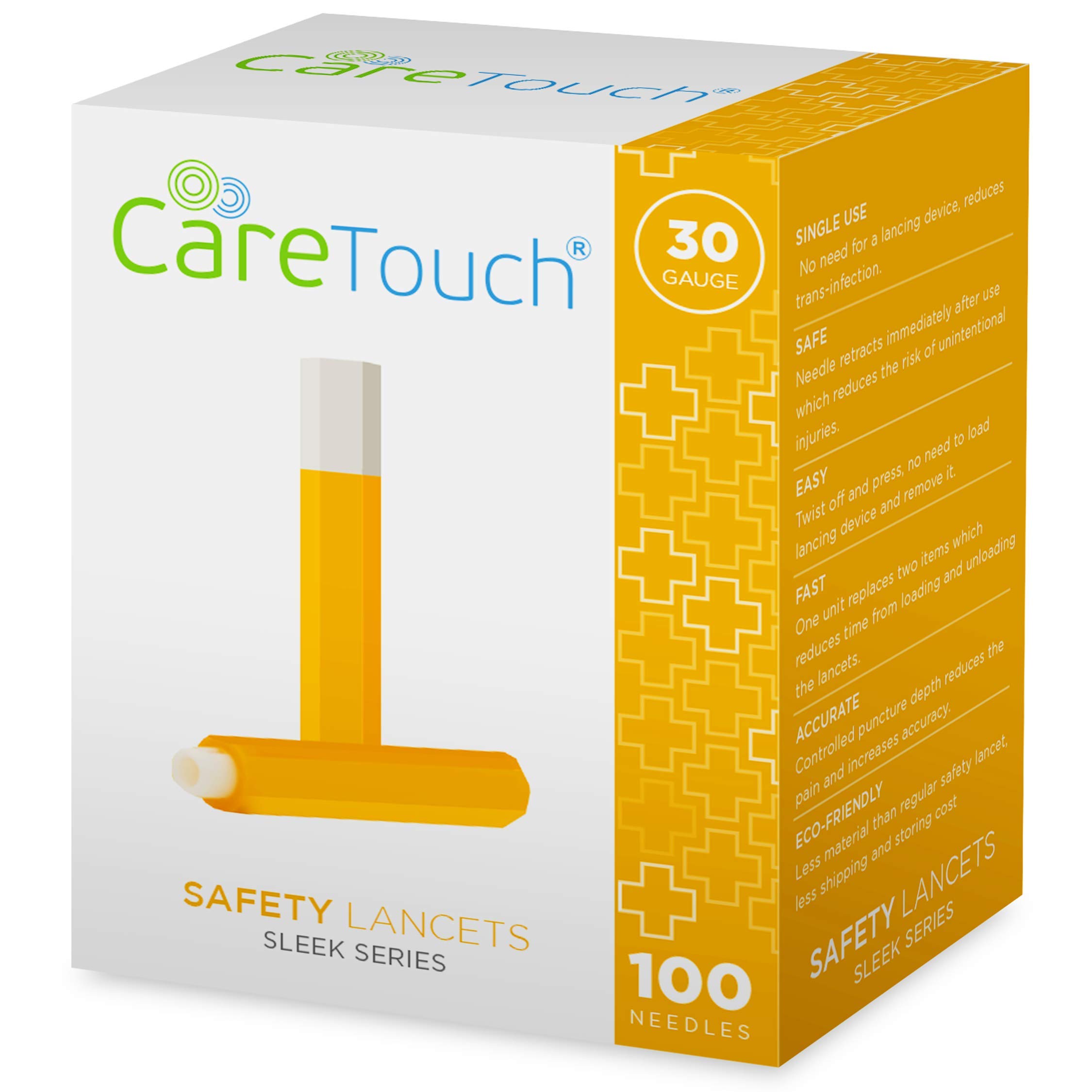 Care Touch Safety Lancets - 100 Lancets, 30 Gauge - Diabetic Supplies for Blood Glucose Testing, No Lancing Device Needed