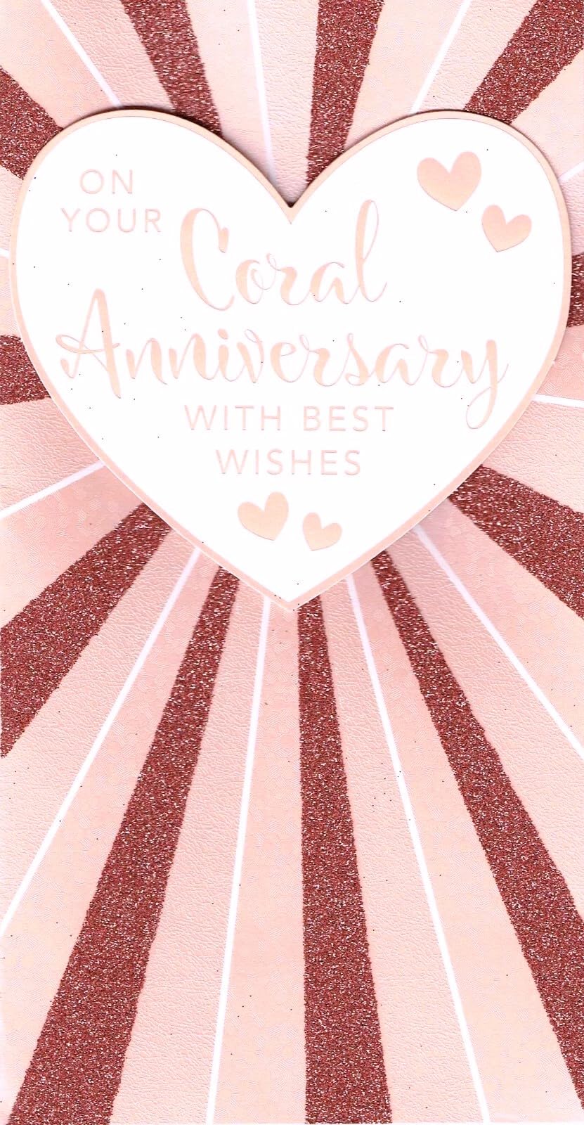 Coral 35th Wedding Anniversary Card - White 3D Heart Rose Gold Glitter 8.75x4