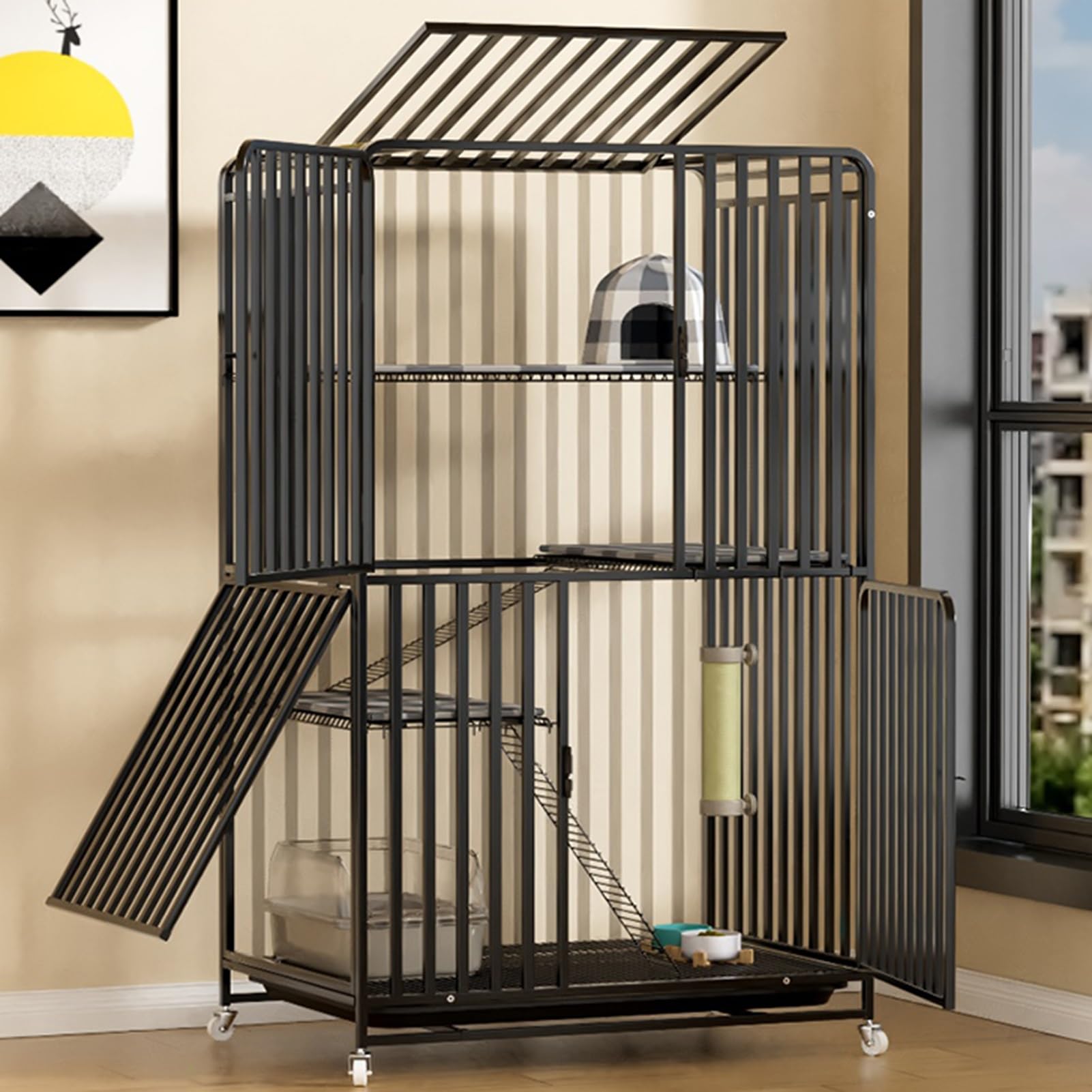 Gabbia per Gatti da Esterno con Piattaforme - Recinto Catio per 1-3 Gatti, Portatile con Ruote e Vassoio Rimovibile, Ideale per Giocare e Rilassarsi in Sicurezza (Nero)