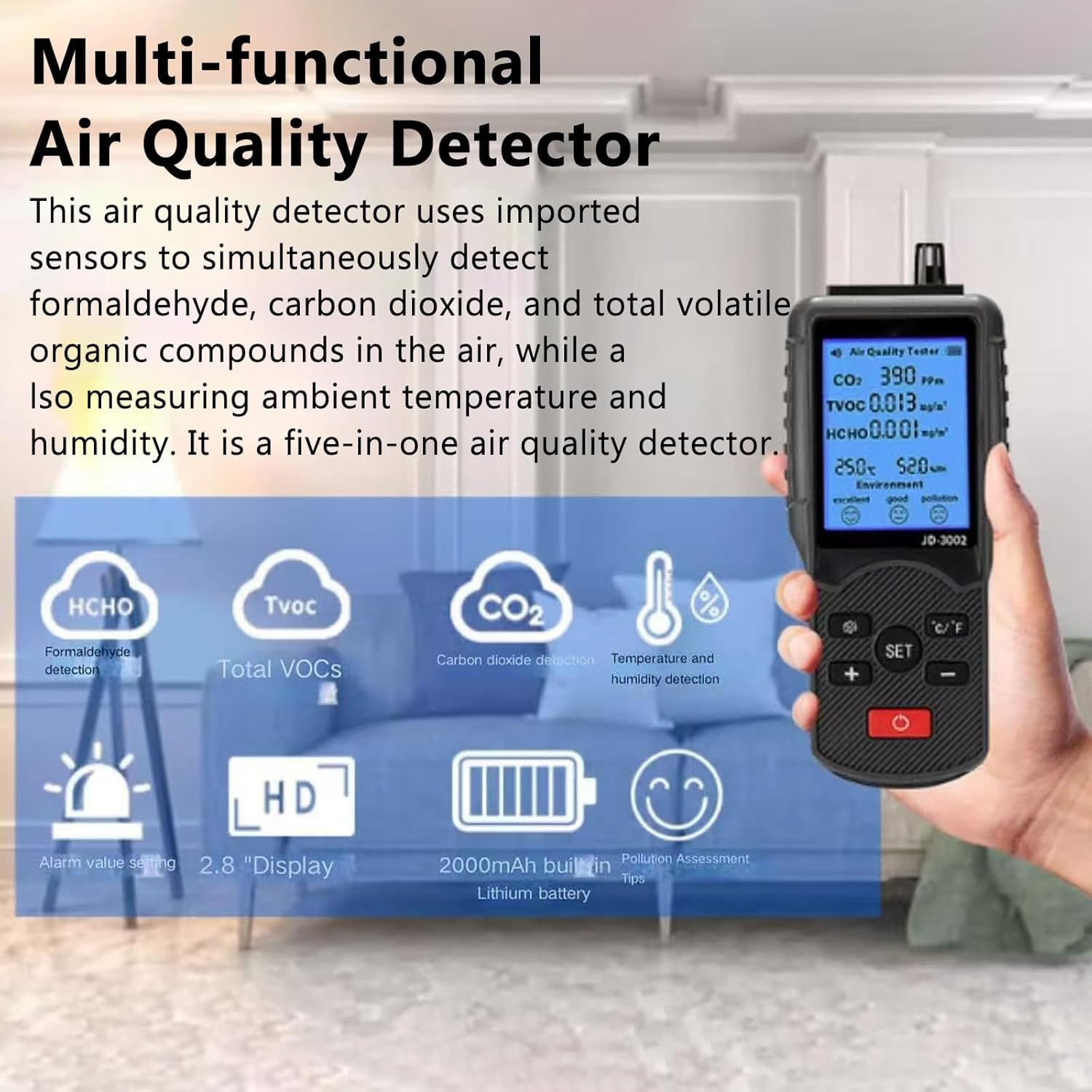 Medidor de calidad del aire, detector de formaldehído, visualización en tiempo real de CO2 en el aire, formaldehído/TVOC, temperatura/humedad, pantalla de 2,8 pulgadas, para dormitorios y oficinas dom