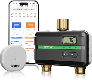 RESTMO Smart Water Timer with Flow Meter, 2 Zone RF Remote-Controlled for Garden Hose, Brass Inlet & Outlet, Lawn & Yard Irrigation Watering System, APP Remote Control (2.4Ghz WiFi Connection)