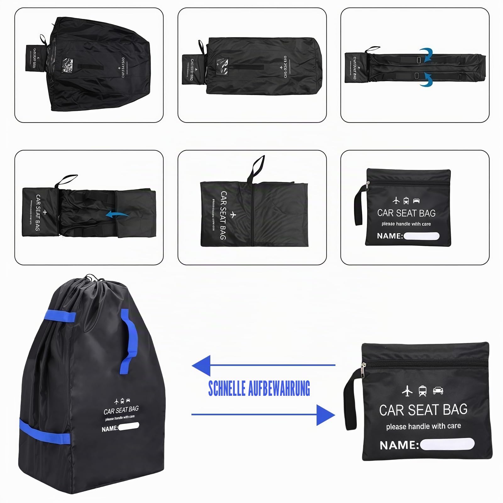 Transporttasche Kindersitz, Gate Check Reisetasche für Flugreisen, Kindersitz Transporttasche, Transportable Reisetasche, für Kinderwagen, Buggy Kindersitz - 85 x 45 x 45 cm - Schwarz + Blau