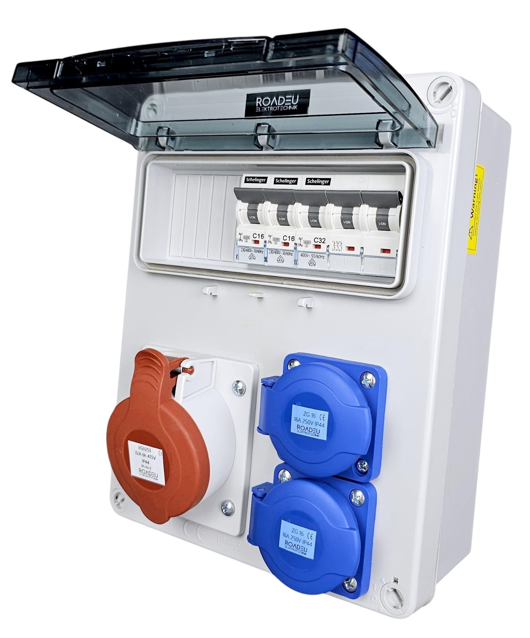 RoadEu Cuadro CEE 400V IP44 con CEE 32A y 2 tomas Schuko | Magnetotérmicos C32A 3P y C16A 1P VDE, cableado 6 mm² / 2,5 mm², precableado