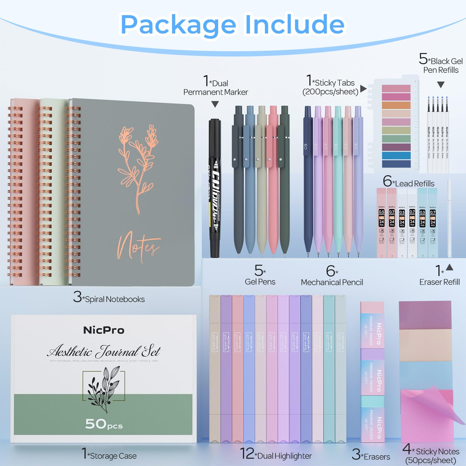 Nicpro Set di 50 quaderni a spirale da donna, set di 3 quaderni a spirale A5, penne gel, note adesive e linguette, confezione regalo, matite meccaniche per studio, lavoro, scuola e ufficio