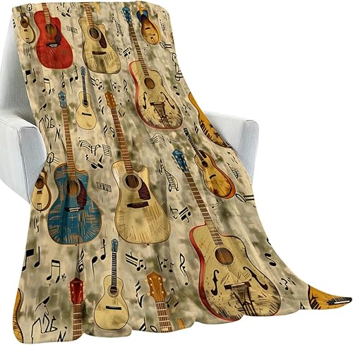 Miniatura 4 de Manta de guitarra acústica vintage, regalos para niños, mujeres, niñas adultas, notas musicales, mantas retro, suaves y cómodas para el hogar, sofá,