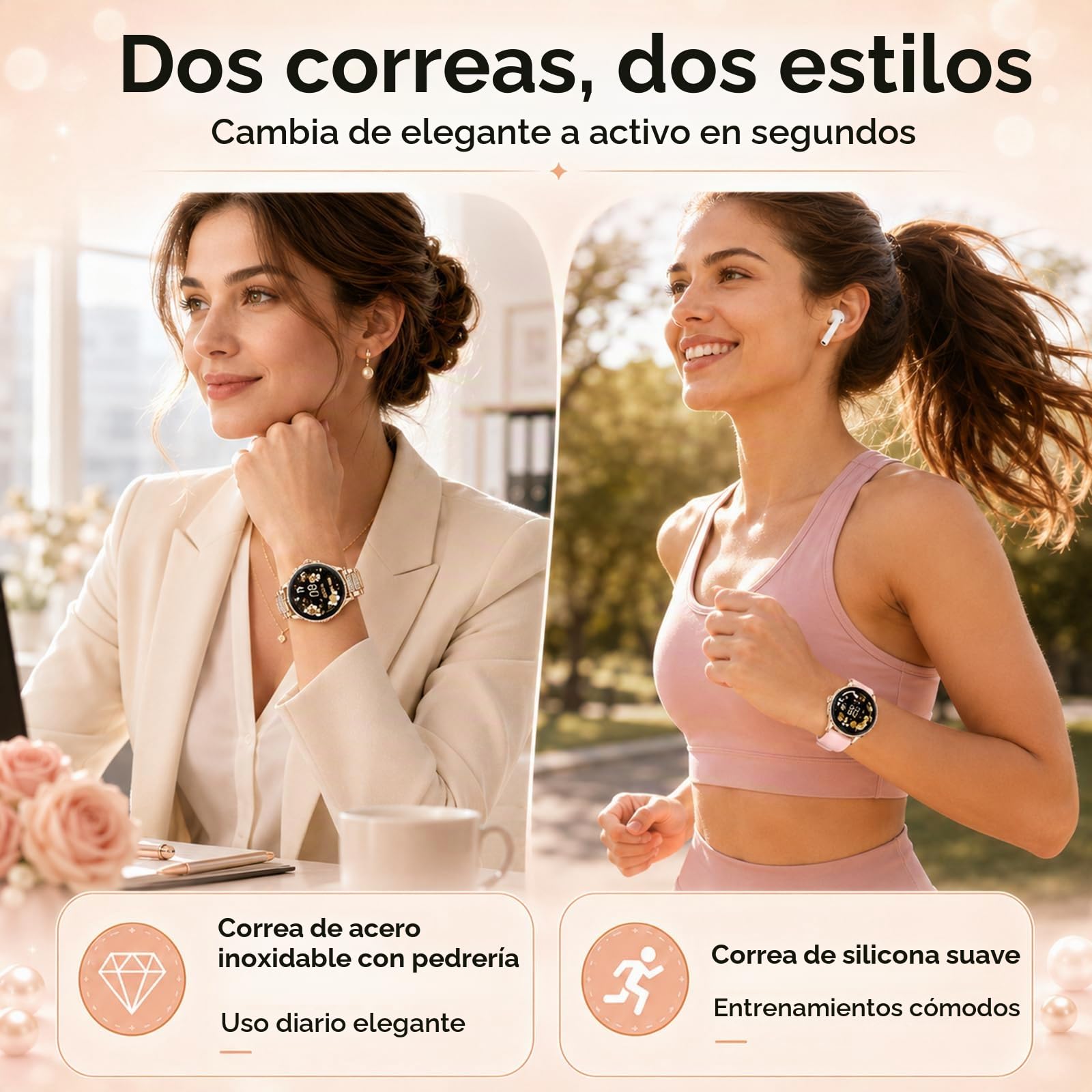 Reloj Inteligente Mujer 1,27" Smartwatch Redondo con Llamadas Bluetooth, Frecuencia Cardíaca SpO2 Sueño, 120+ Modos Deportivos, IP68 Resistente al Agua, 2 Correas, Compatible con Android iOS, Oro Rosa