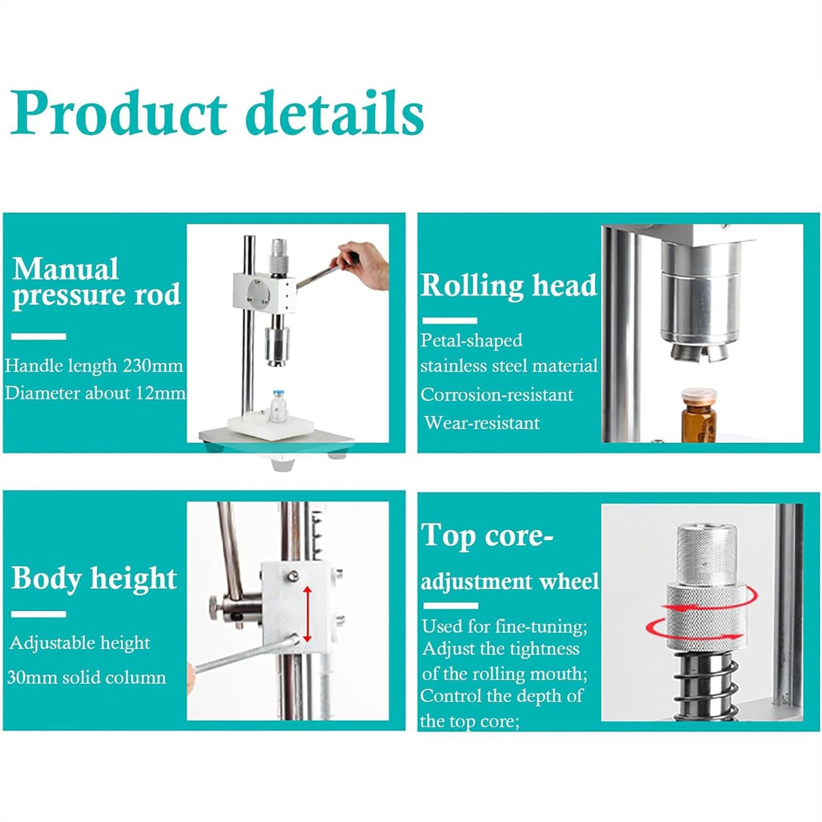 Prensadora manual, prensadora de acero inoxidable, máquina de sellado de viales de escritorio con mango antideslizante, máquina tapadora de botellas de vidrio de 13-28 mm, altura ajustable, fácil