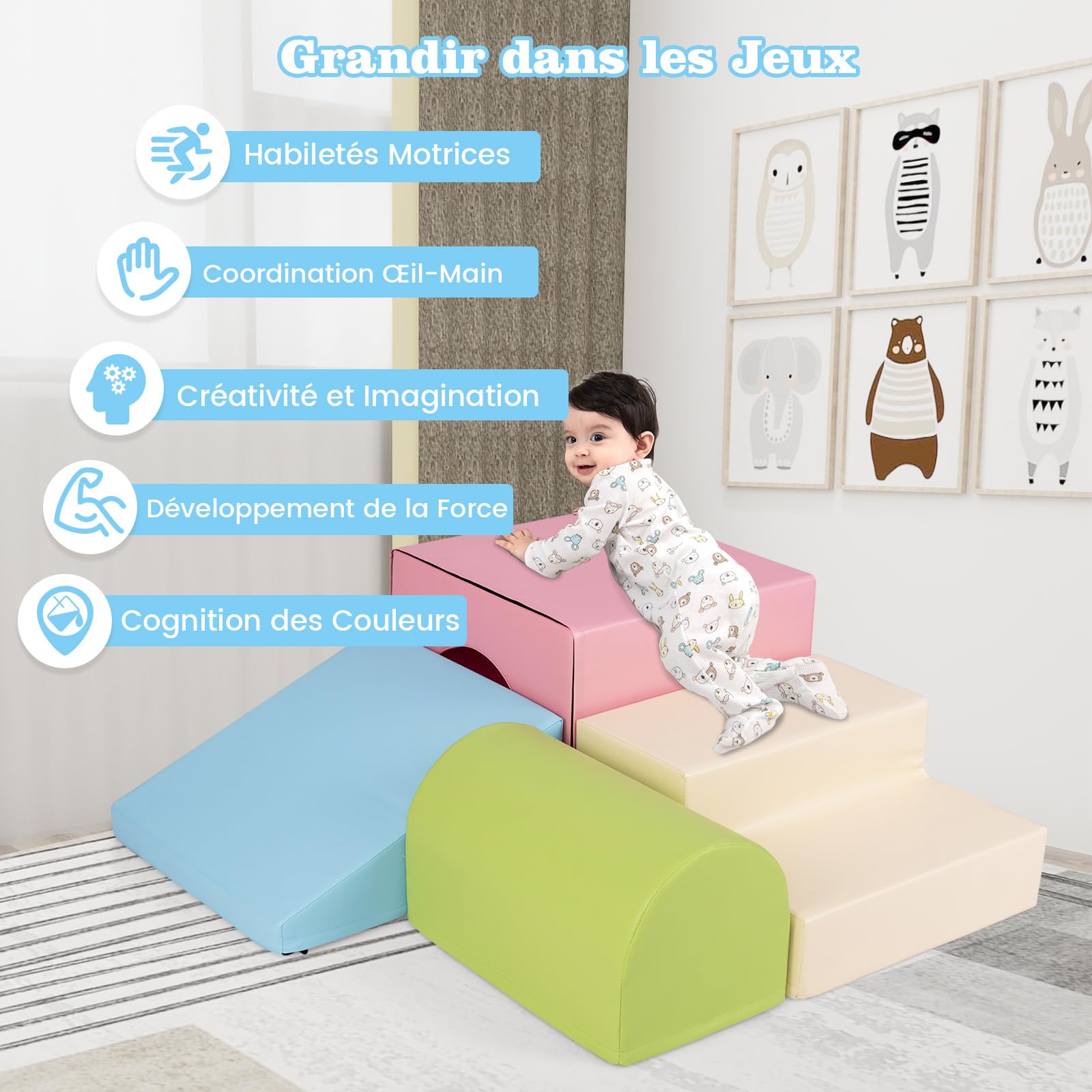 COSTWAY 4 PCS Parcours Motricité Bébé en Mousse avec Housse Amovible en PU, Module Motricité Bébé avec Toboggan & Différentes Formes, Jouets Éducatifs Colorée pour Grimper Ramper (Rose+Beige)