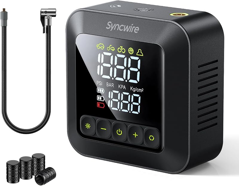 SYNCWIRE Hordozható Kompresszor 10.35 Bar - 3x Gyorsabb Elektromos Autó Gumiabroncs Pumpa, Nagy LCD Kijelzővel, Többféle Üzemmóddal és Szele