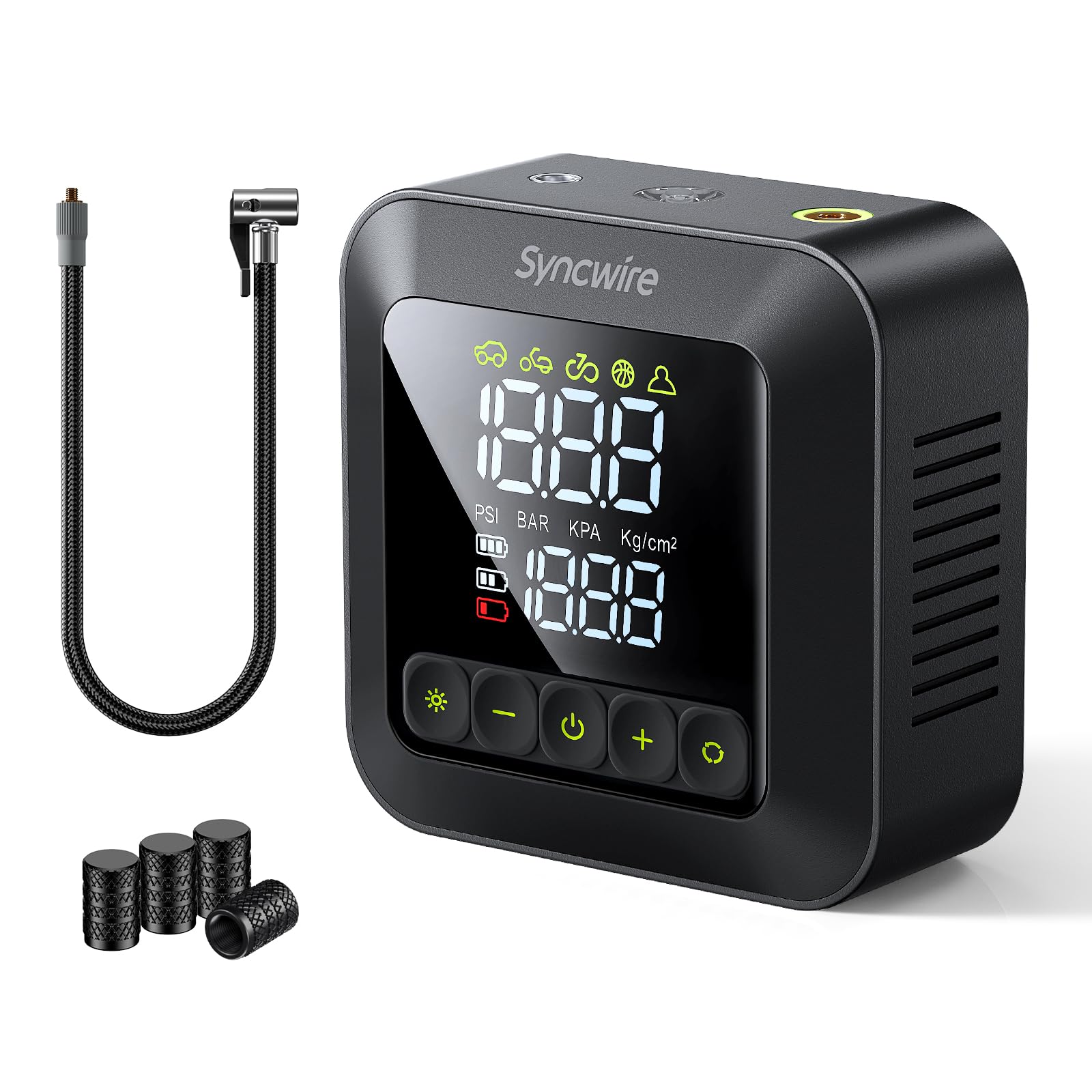 syncwire tire inflator portable air compressor 150psi air pump for car tires [3x faster] inflation electric smart tire pump with extra-large lcd dual value display [free car tire valve caps], auto-off