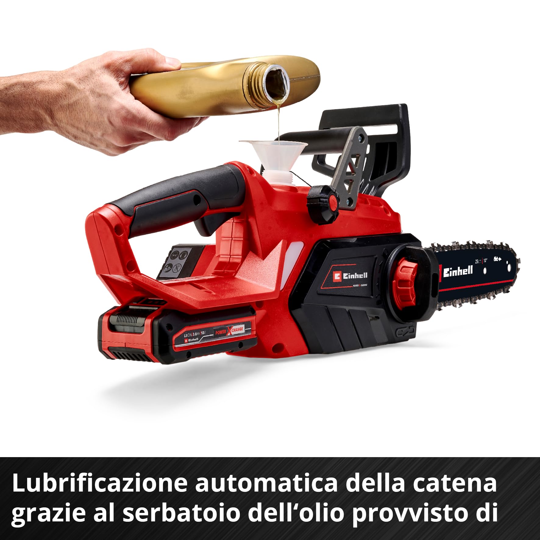 Einhell motosega a batteria GE-LC 18/25 Li-Solo Power X-Change (ioni di litio, 18 V, barra/catena di qualità OREGON, protezione antirimbalzo, perno di arresto catena, senza batteria e caricabatteria)