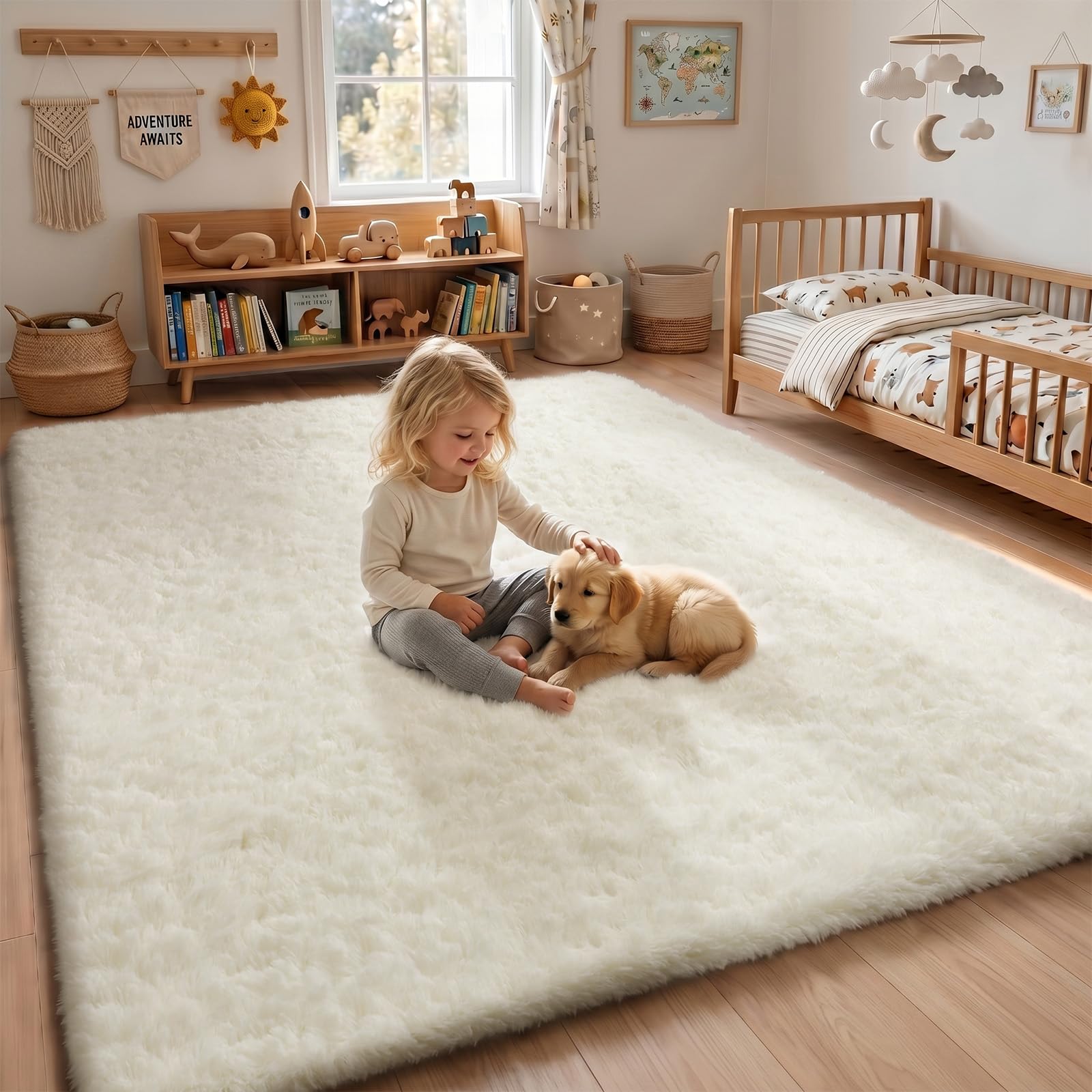 Sour Lemon Alfombra de pelo largo, color crema, lavable, antideslizante, 200 x 300 cm, para salón y dormitorio, habitación infantil