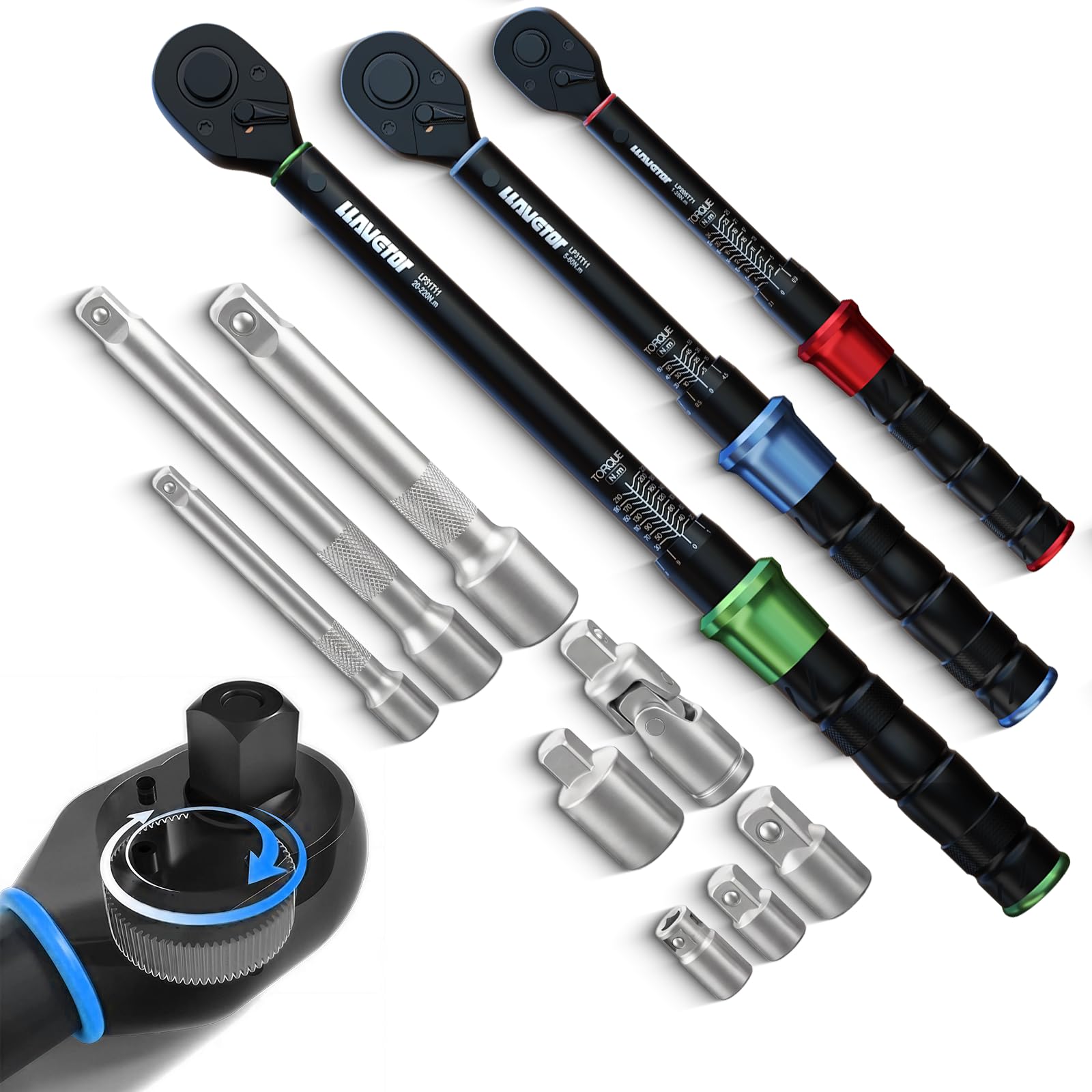 LLAVETOR Juego de Llaves Dinamométricas 11 Piezas, Precisión ±3%, 1/2" 3/8" 1/4", Carraca Reversible 72 Dientes, Certificado de Calibración y Estuche Rígido para Auto, Moto, Bicicleta