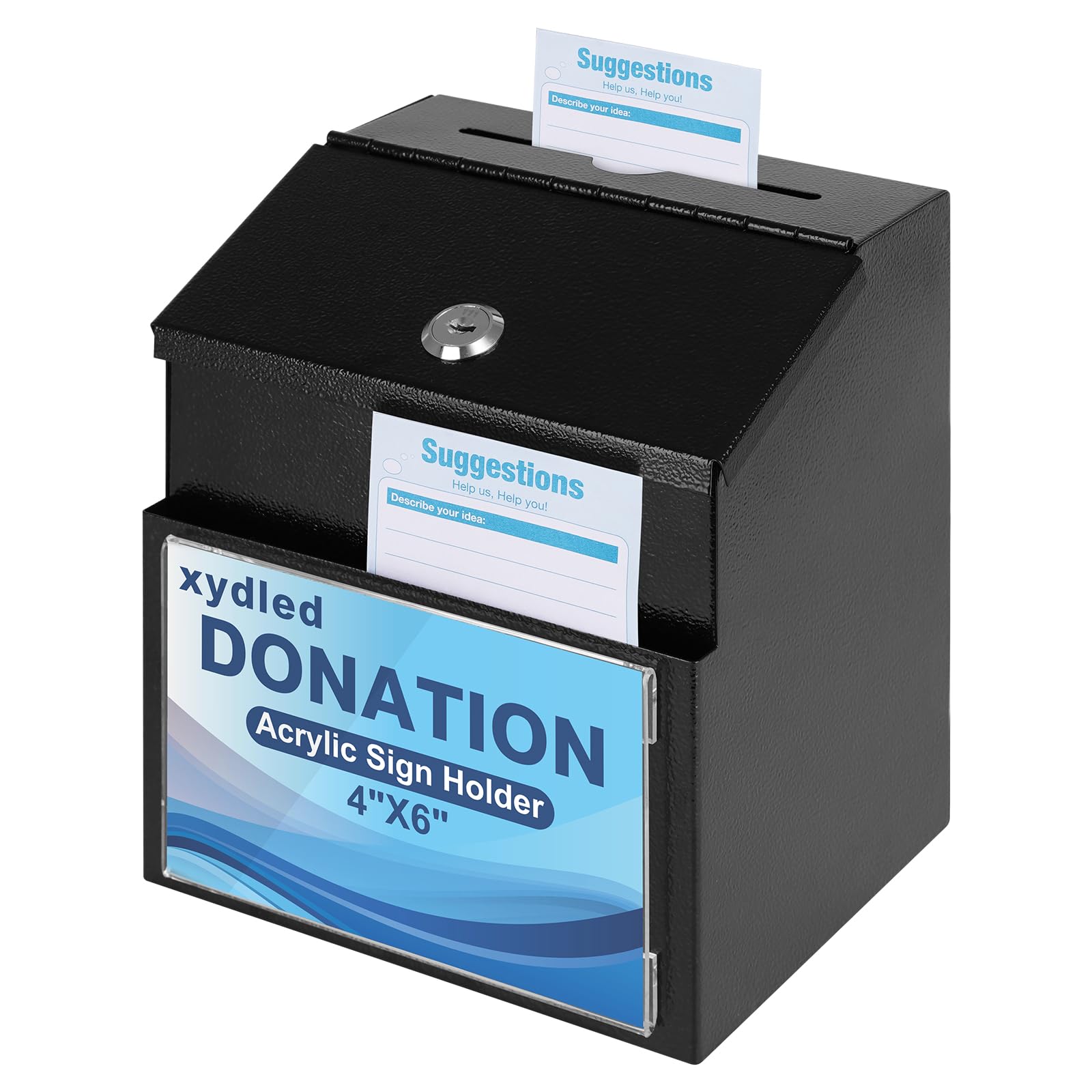 xydled Suggestion Box with Magnetic Acrylic Sign Holder, Metal Key Lock Box Donation Box,Ballot and Collection Box with Slot&Flyer holder,Wall Mounted,Black