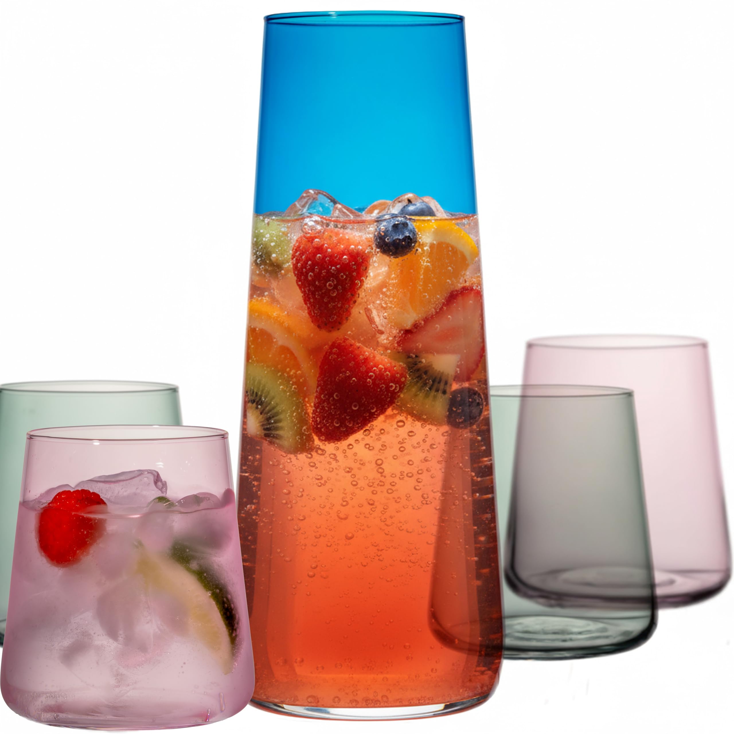 Glaskaraffe mit Gläsern - Blaue Wasserkaraffe Set mit 4 farbigen Trinkgläsern aus Crystalline Glas, 5-teilig 1250ml / 460ml