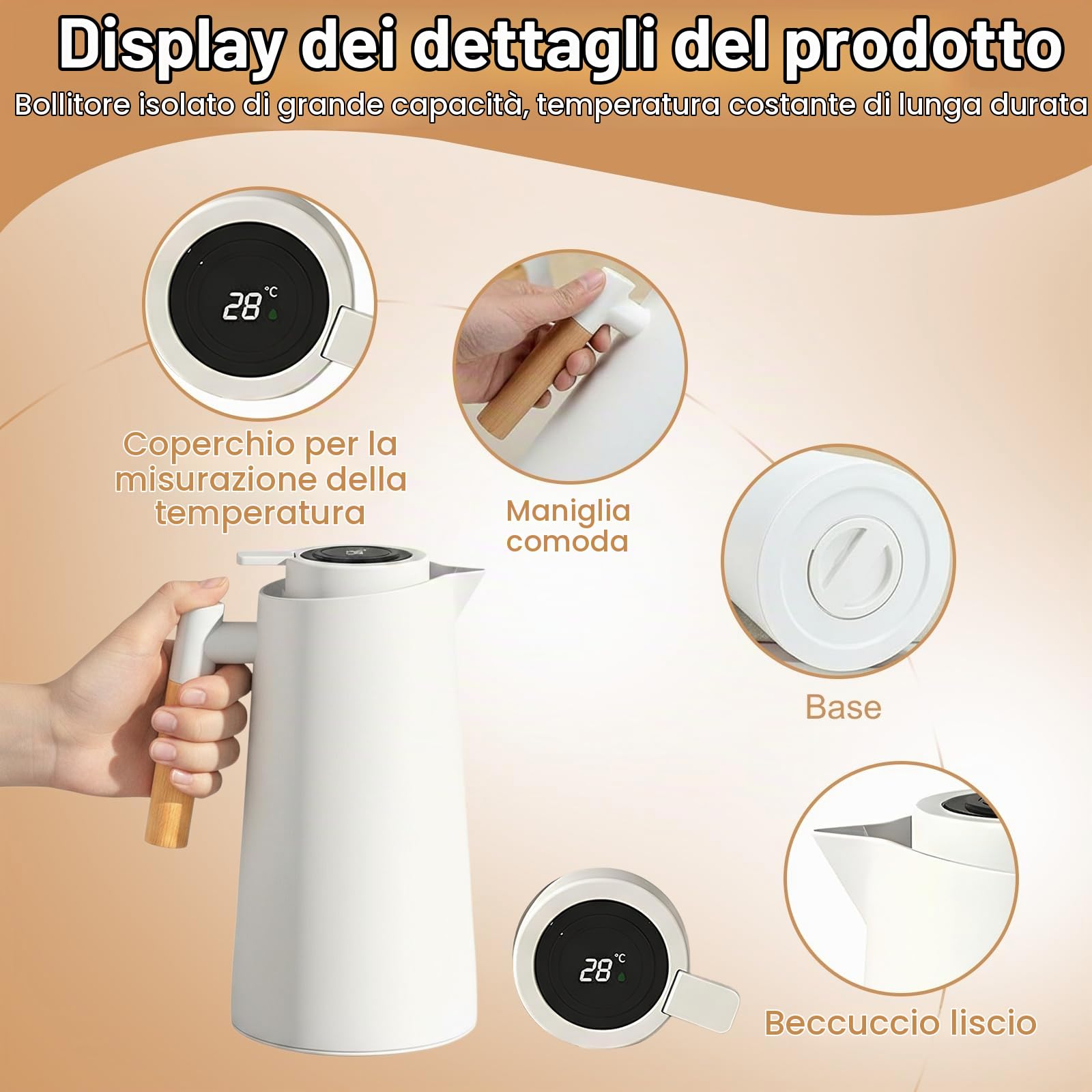 Colexy Caraffa Termica da Caffè 1L Thermos con Indicatore di Temperatura Caraffa Termica con Manico in Legno Bollitore per Acqua Isolata Teiera da Tè Mantiene Caldo Freddo Per Caffè Latte Tè (Bianco)