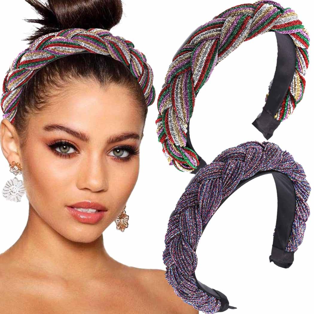Bouory Boho Braided Headbands Padded Wide Hairband Sparkly