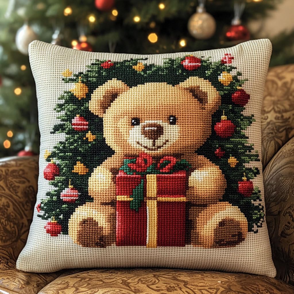 AMBATTERY Punto Croce da Ricamare Cuscino, Simpatico orsetto di Natale Ricamo Cuscino Punto Croce per Principianti 45x45cm Prestampato Set per Cuscino Punto Croce Cuscino Punto Croce Fai da te
