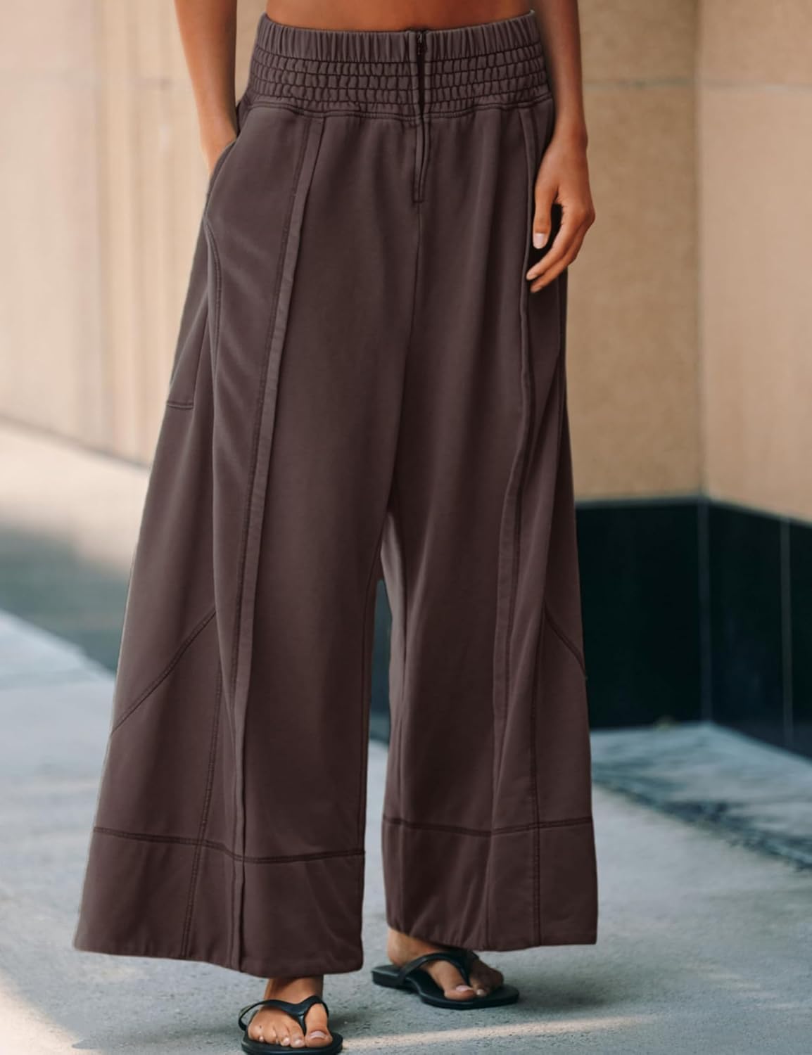 Womens Casual Wide Leg Pants Elastic High Waisted Palazzo Loose Trousers with Pockets - Image 2