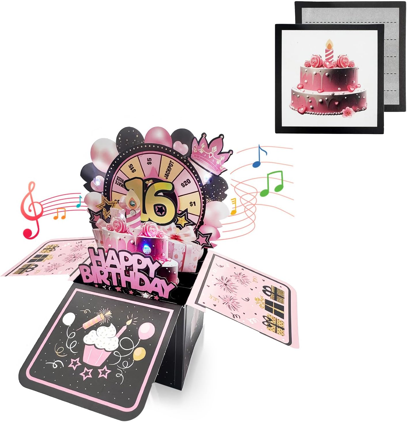 Black Pink 3D Pop Up 16th Musical Birthday Card for Girls Her Birthday Gifts,Singing Blowable Candle Light Up Happy 16th Birthday Cards with Turntable for Daughter Granddaughter Sister Nephew Niece Black Pink 3D Pop Up 16th Musical Birthday Card for Girls Her Birthday Gifts,Singing Blowable Candle Light Up Happy 16th Birthday Cards with Turntable for Daughter Granddaughter Sister Nephew Niece
