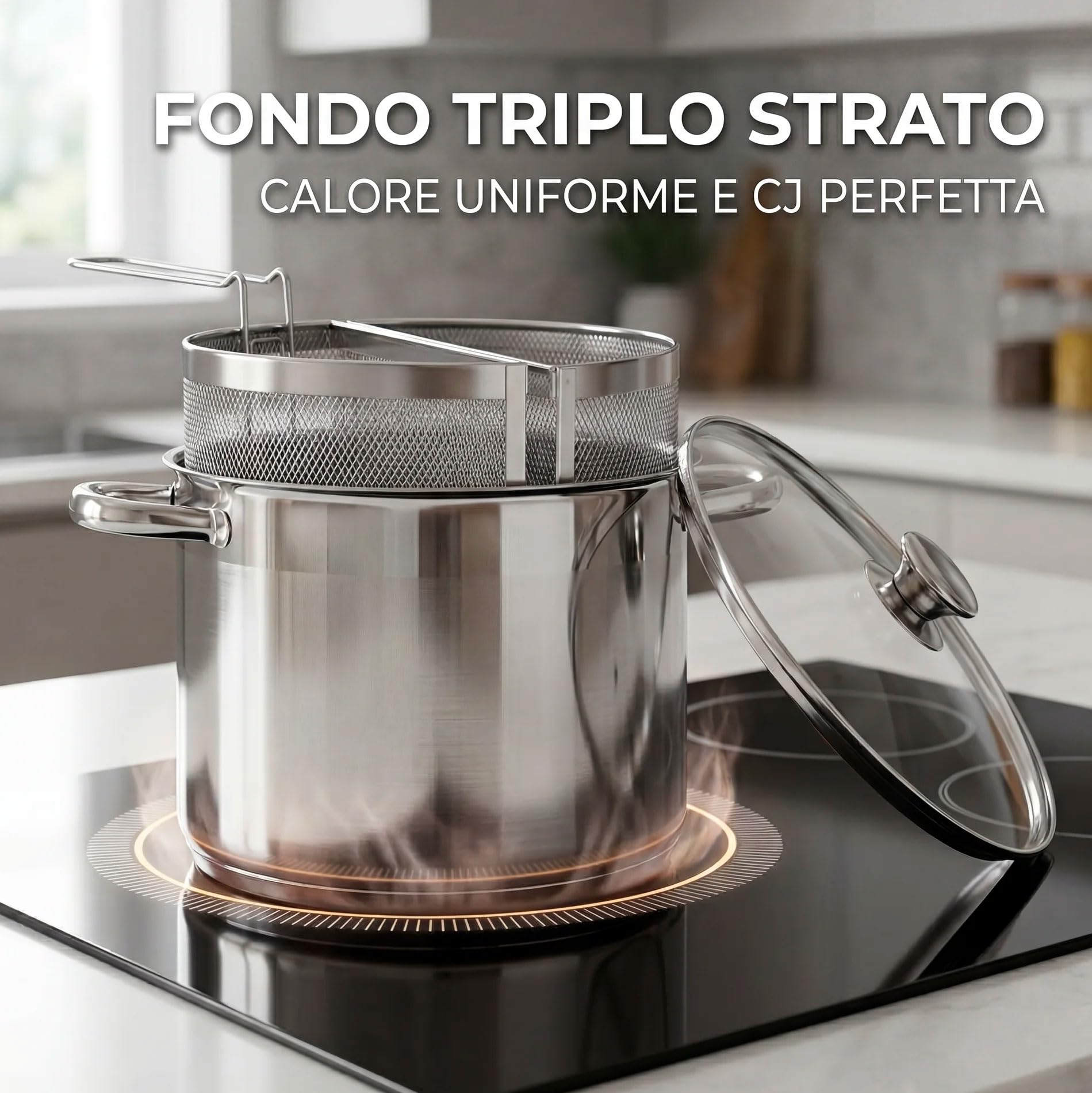 081 Store - Pentola Doppio Cestello con Coperchio 20 cm 6L Acciaio Inox 18/10 | Spaghettiera 2 Cestelli | Fondo Triplo Induzione | Pentola Pasta Professionale
