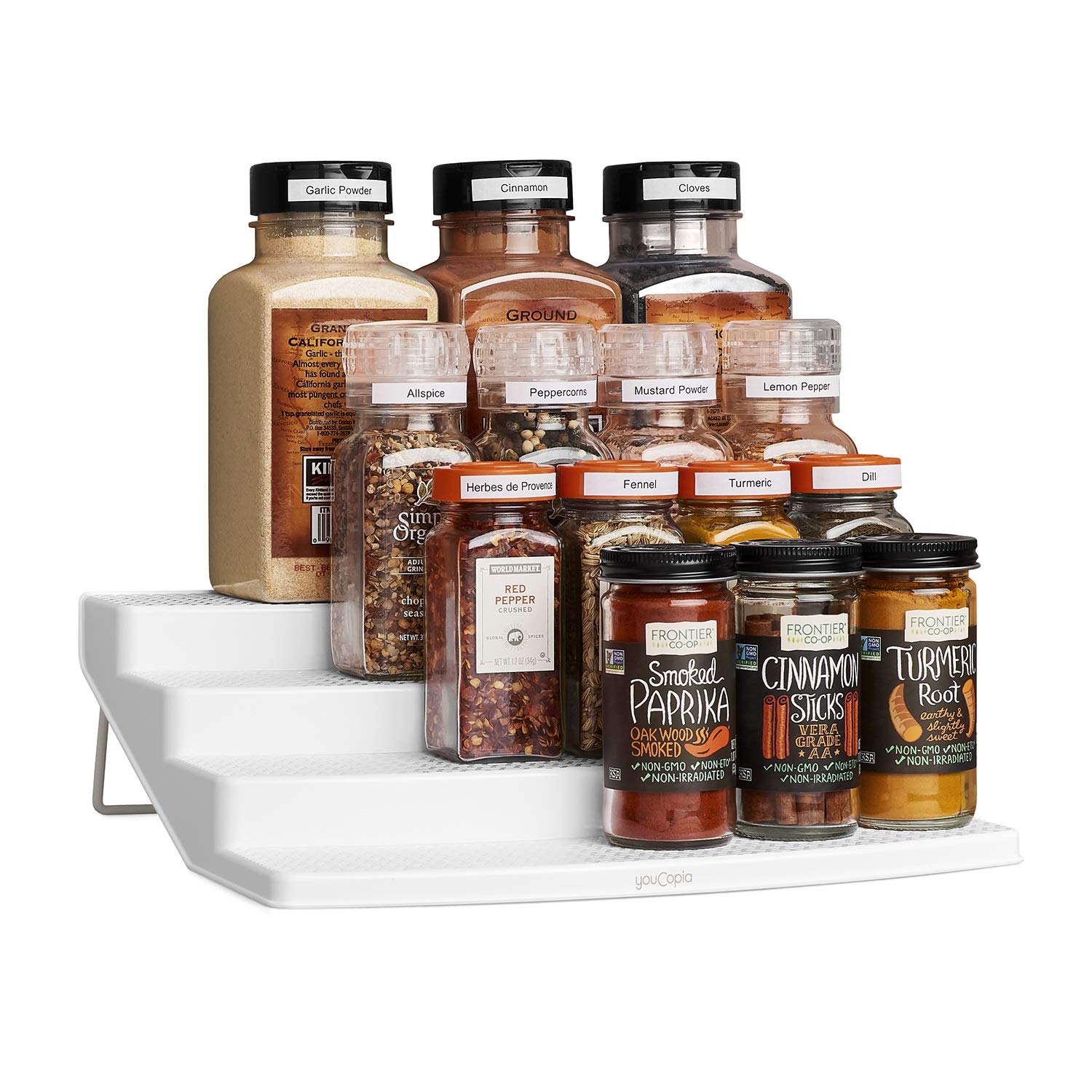 Youcopia Spicesteps 4-Tier Kitchen Cabinet Spice Shelf Organizer, 24-Bottle, White