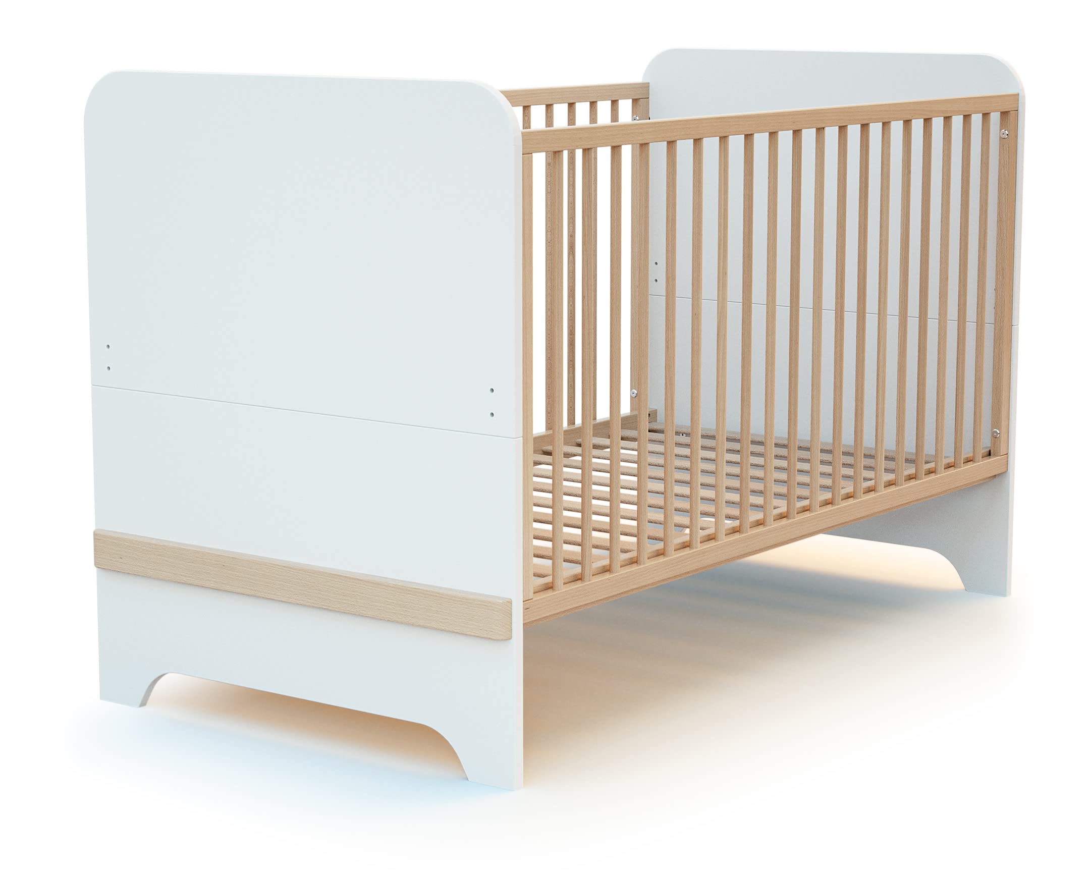AT4 - Lit bébé évolutif en bois 70 x 140 cm CARROUSEL Blanc et Hêtre Verni