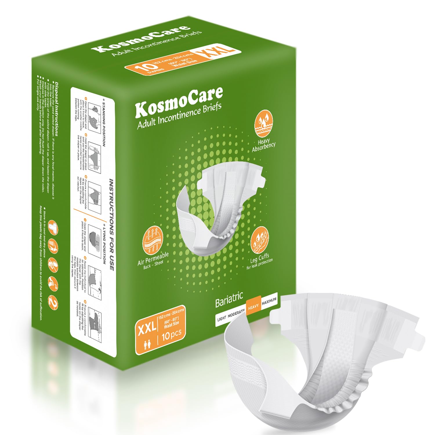KosmoCare Adult Incontinence Briefs XXL | Heavy Absorbency Bariatric Diapers | Tape Style | Air Permeable Back Sheet | Leak-Proof Leg Cuffs | Waist Size 152-204 cms | Unisex | 10 Count |-image-15
