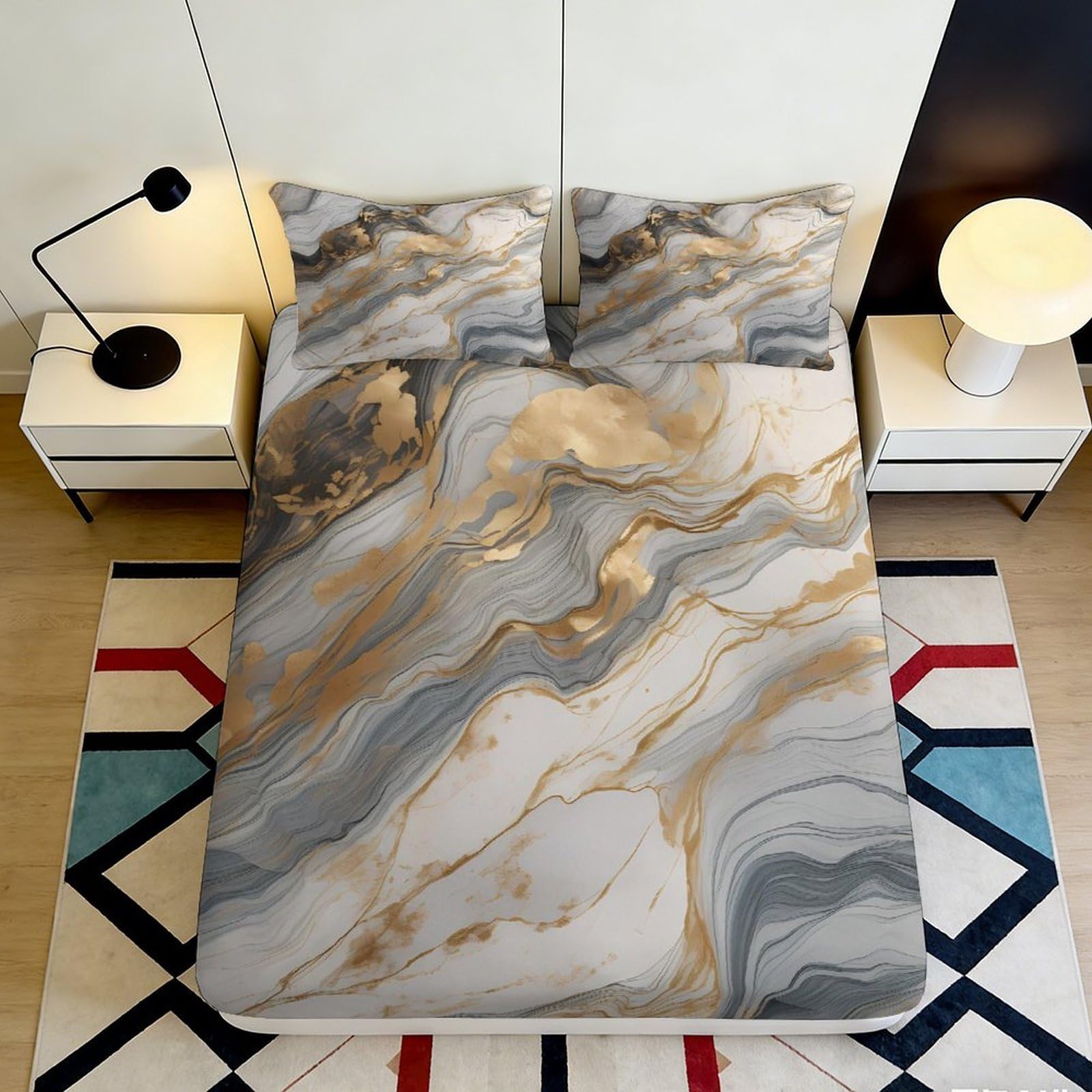 3D Printed Marble Pattern Fitted Sheet Microfiber Deep Pocket All Ages Bedroom Bedding Marble Mattress Fitted Cover Non-Slip 140x200x25cm