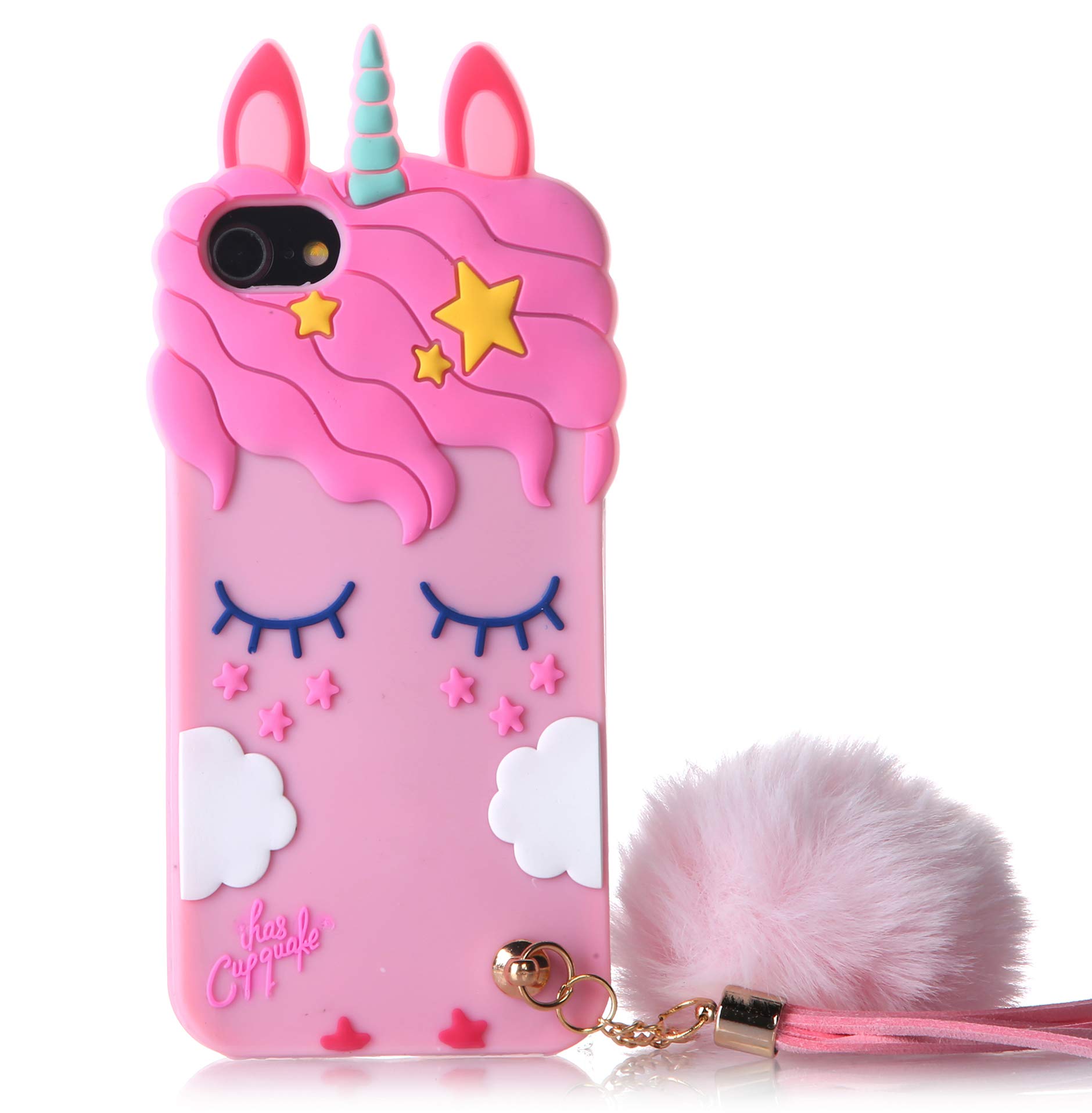 iPhone 7 iPhone 8 Pink Unicorn Case, 3D Cartoon Cute Soft Silicone Rubber Character Cover, Animated Stylish Fashion Protective Skin Shell case with Pompom/Strap for Kids Child Teens Girls
