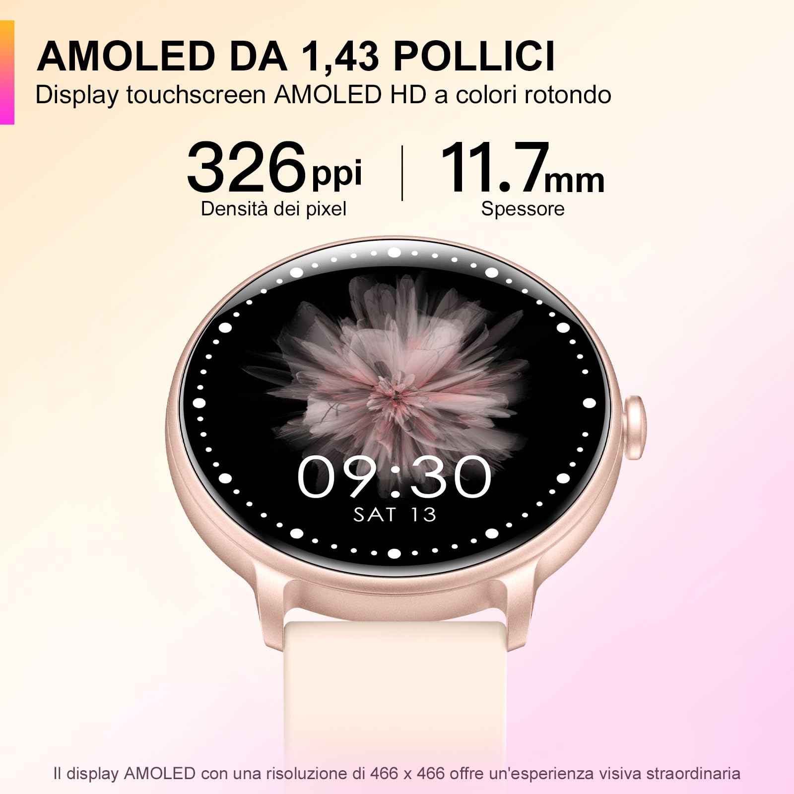 Smartwatch Uomo Donna, 1.43" AMOLED Screen Smartwatch con Effettua/Risposta Chiamate, Fitness Tracker con Pressione Sanguigna e Monitor Sonno, 30+ Sport Step Counter per Android iOS