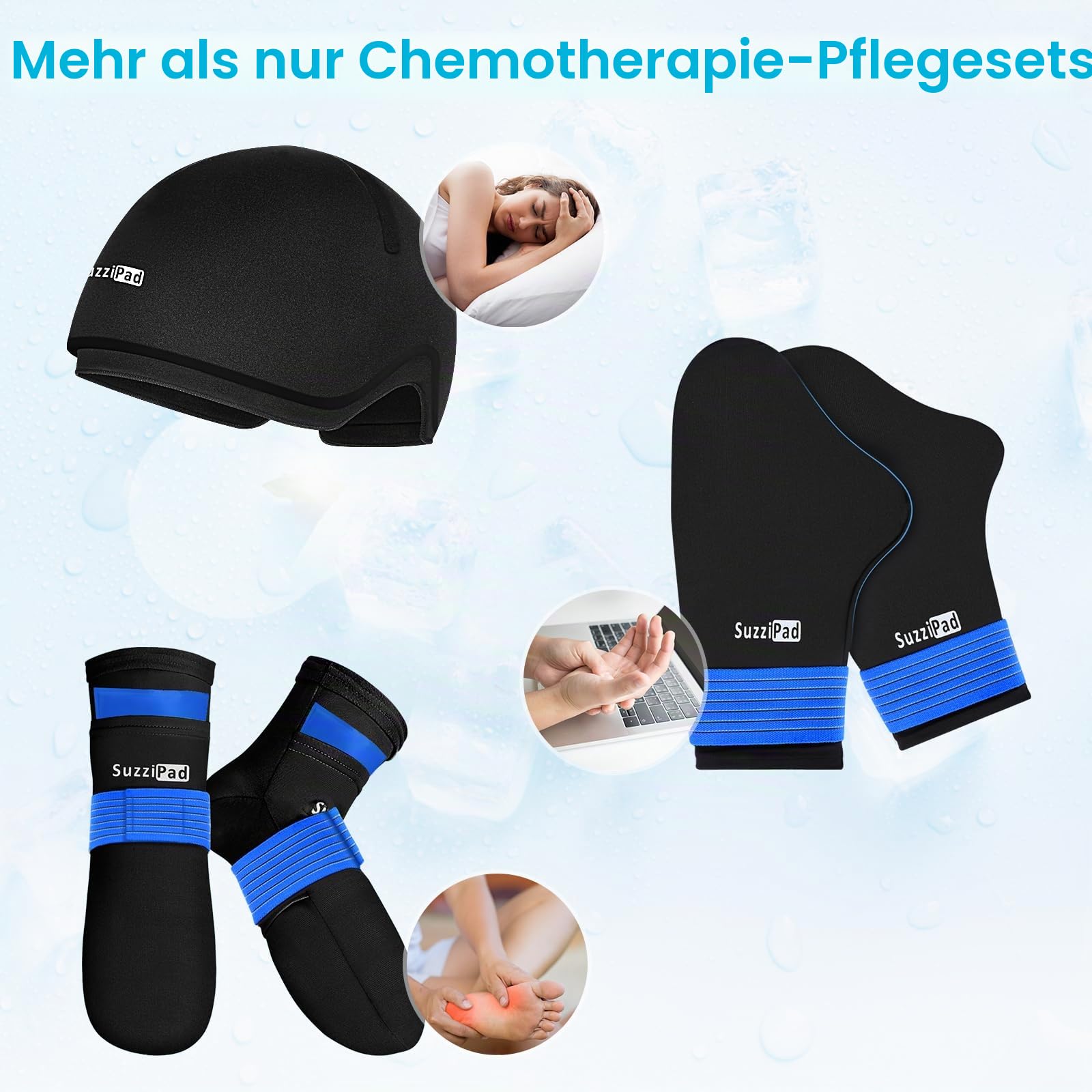 SuzziPad Ice Pack Stress Relief Cap & Cooling Socks & Cold Gloves for Chemotherapy, Comfort Items for Chemo Patients, Smoothe discomfort for feet, Head and Hand, S/M