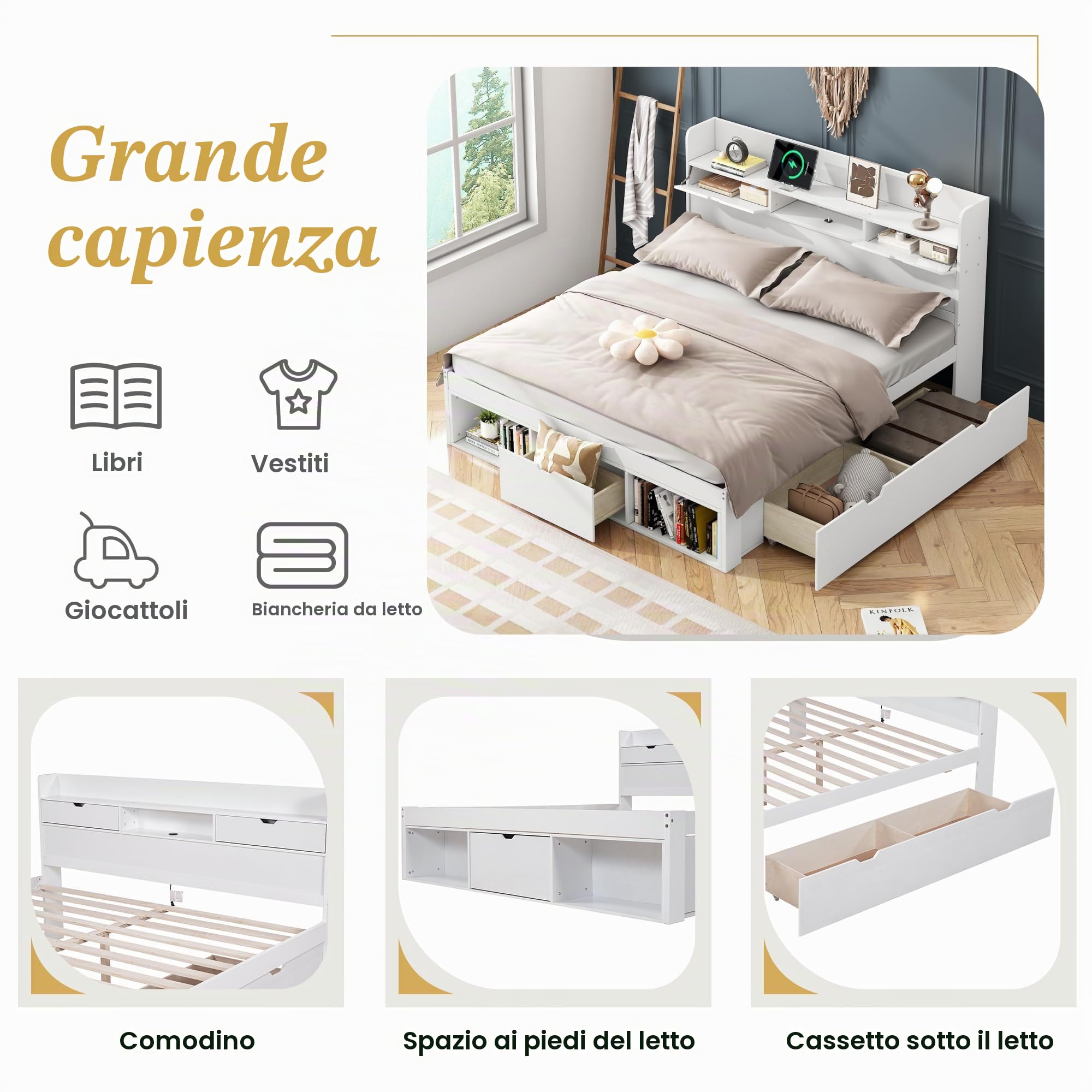 Lubvtti Letto imbottito con porta USB e cassetti e contenitore,letto matrimoniale con contenitore 160x200 cm,Testiera con vano portaoggetti,telaio del letto 160x200,senza materasso, bianco