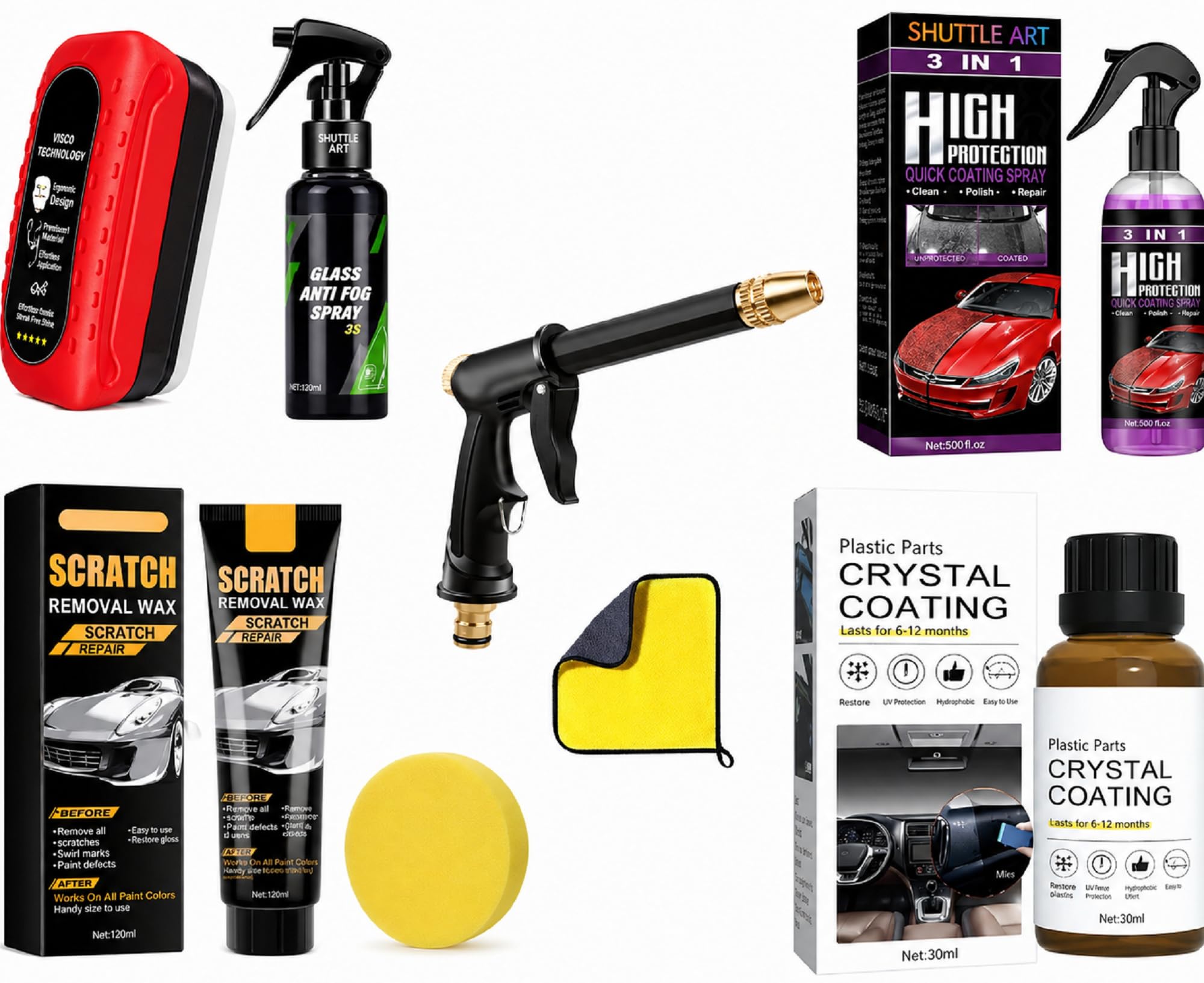Shuttle Art 6 Pcs Car Cleaning & Detailing Kit Combo All in One Set | Metal Water Spray Gun, Car Scratch Remover Polish Wax, Crystal Paint Coating | Car Care Accessories Kit for Shine & Protection-image-33