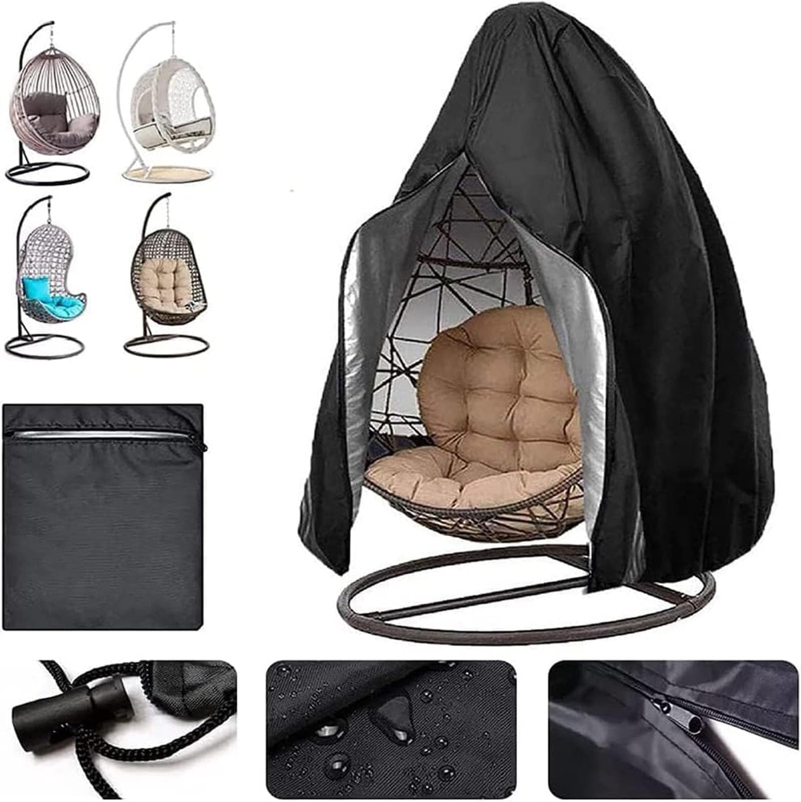 Patio Hanging Chair Cover - Egg Swing Cocoon Chair Cover with Pull, Garden Furniture Protector Wind Resistant Waterproof Outdoor, 190 x 115 cm
