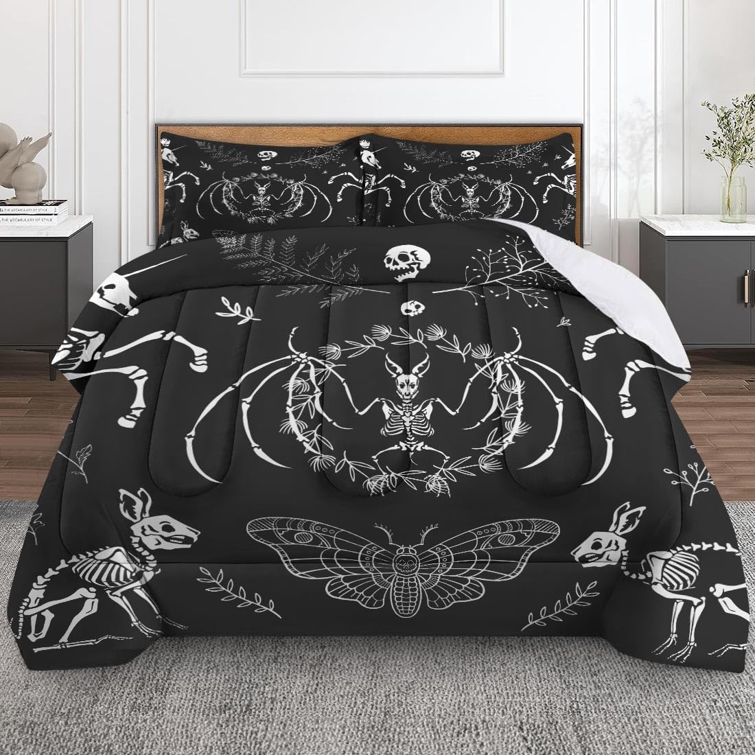 Nesphy Black Happy Cat Gothic Comforter Set for Teens Adults Twin, Butterfly Horse Skull Bedding Sets Water Washed Microfiber Bedding with 1 Comforter 1 Pillowcase All Season