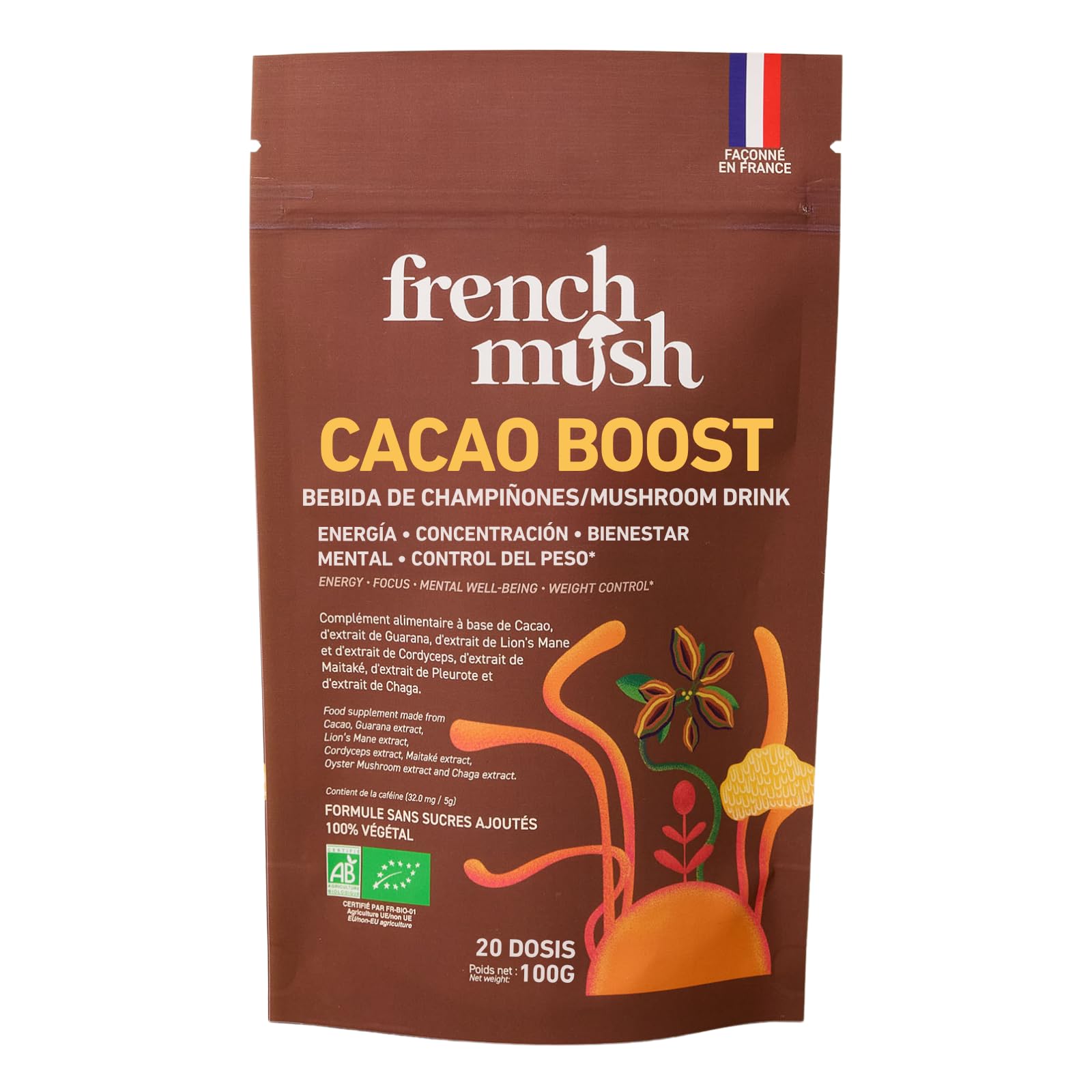 French Mush BOOST Cacao con Hongos Adaptógenos Ecológicos: Lion’s Mane, Cordyceps y Guaraná - Energía, Concentración y Digestión - Alternativa Vegetal al Café Soluble - Fabricado en Francia - 20 Dosis