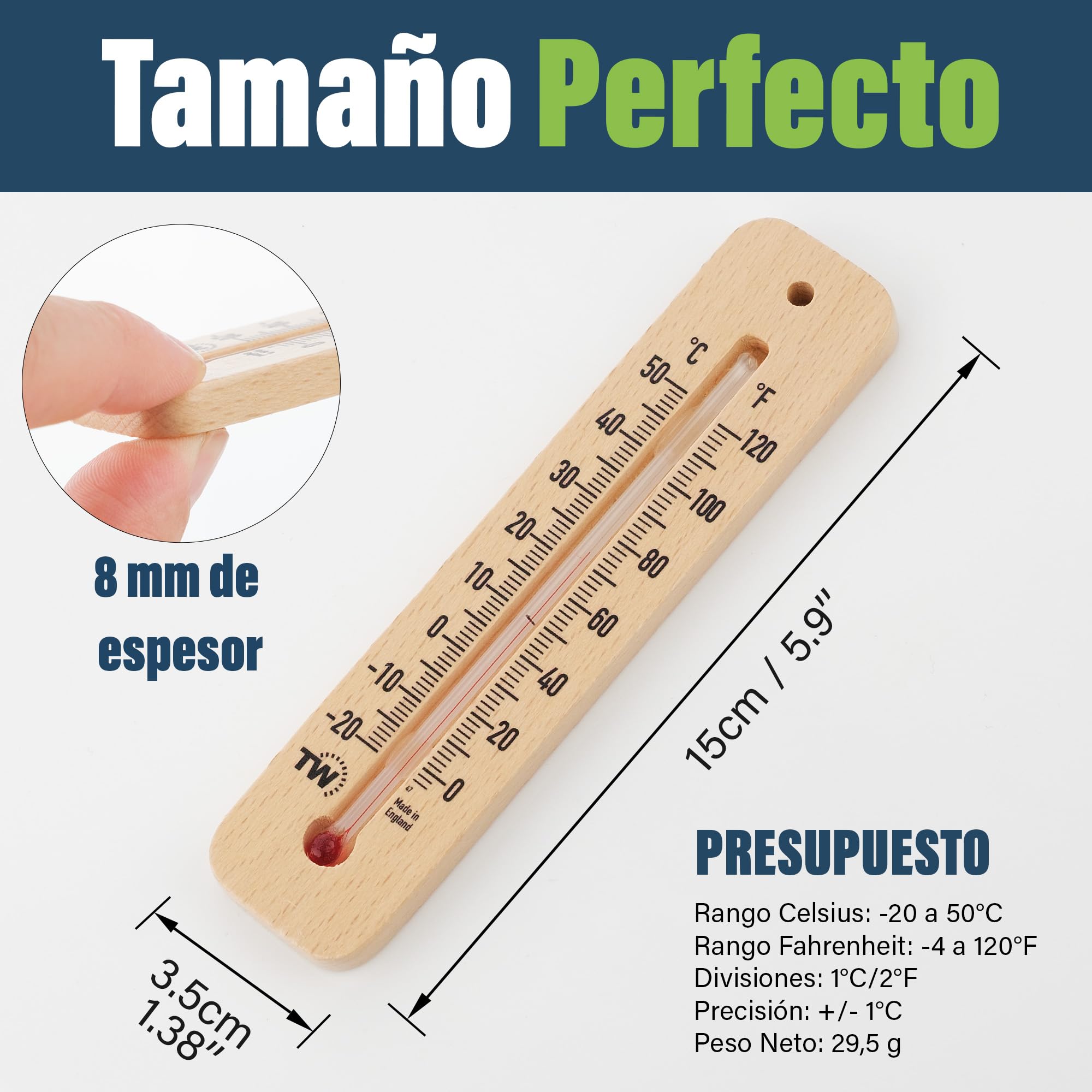 Termómetro Tradicional de Madera para Medir la Temperatura Ambiente, Ideal para Hogar, Oficina, Jardín, Invernadero o Garaje