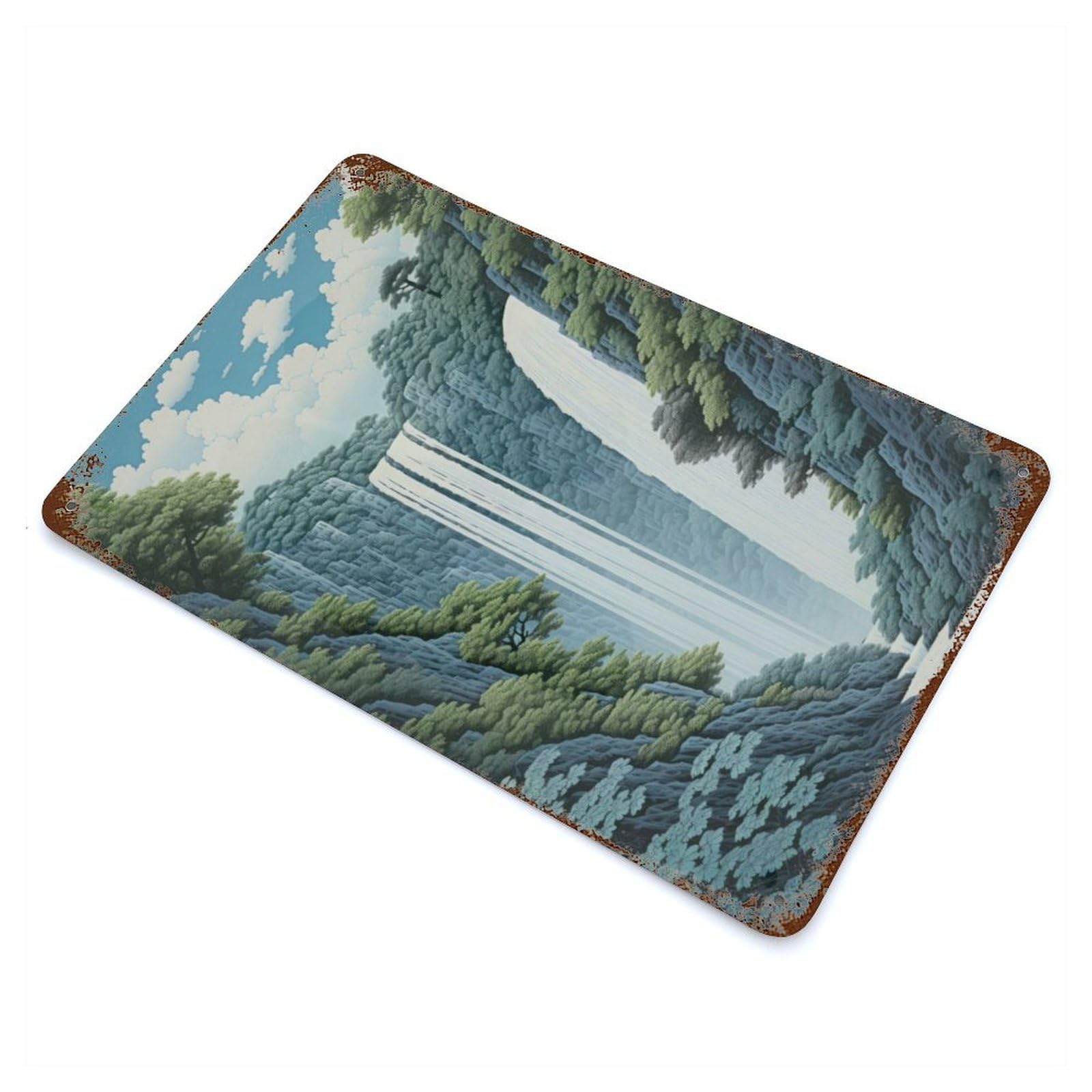 Waterfall Japan Painting 11.8"x7.9" Distressed Metal Wall Sign, Shabby Chic Decor for Office, Studio And Wall Decor