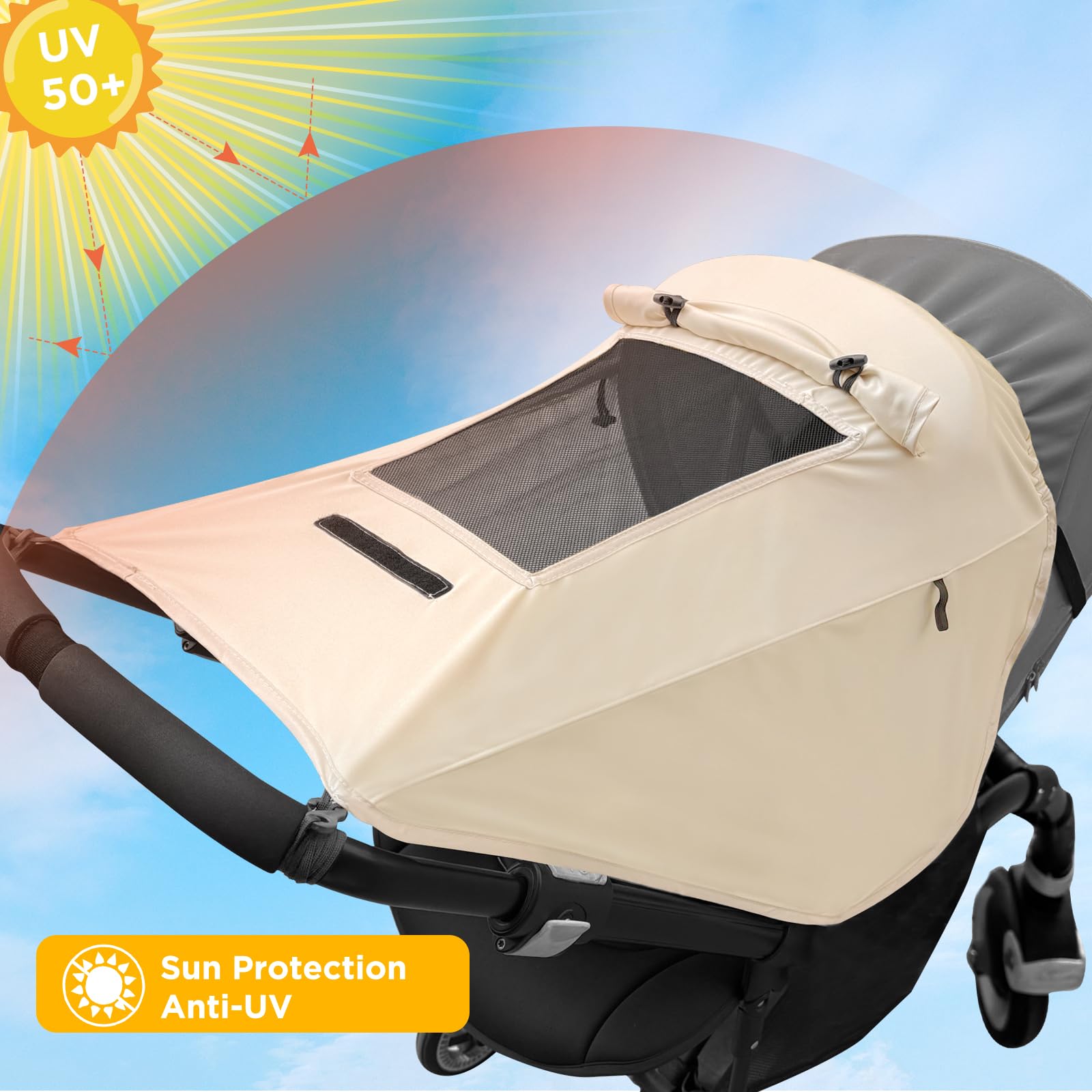 WD&CD Parasole per Passeggino, Telo Parasole per Carrozzina e Passeggino Ombrellini Parasole Universale Regolabile UV Protezione Solare Parasole Passeggino - Beige