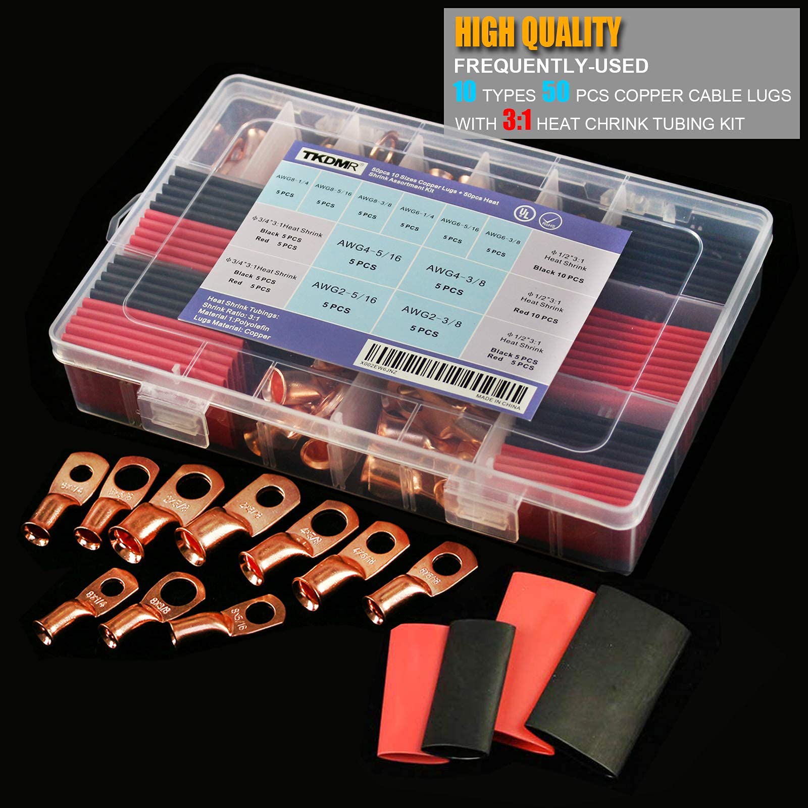 TKDMR 100Pcs AWG 8 6 4 2 Copper Wire Lugs with Heat Shrink Set,50Pcs