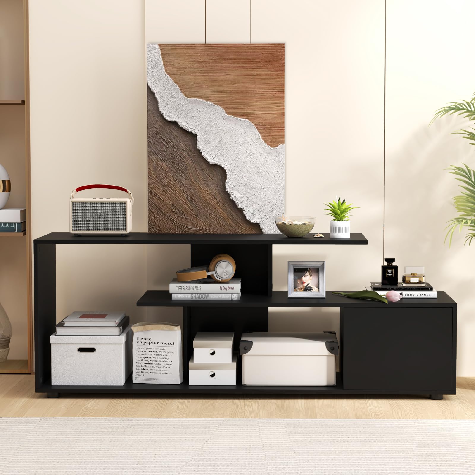 COSTWAY Mobile Porta TV, per TV Fino a 55'', Console Media a 3 Ripiani Asimmetrici con Ripiani di Stoccaggio e Armadietto, Mobile TV con Cassetto, 5 Gambe di Supporto (Nero)