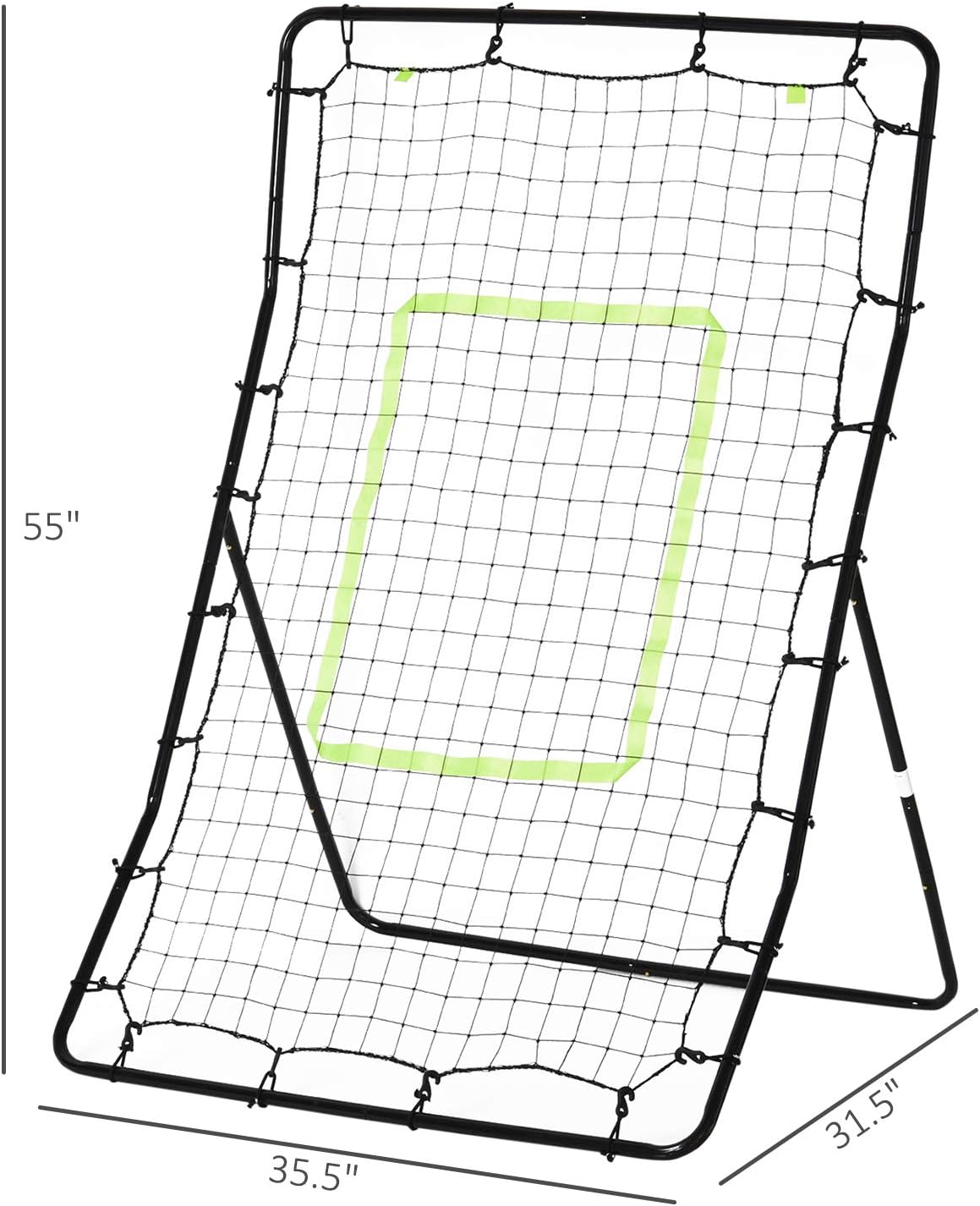 Diagram showing the dimensions of the rebounder net: 35.5 inches length, 31.5 inches width, 55 inches height