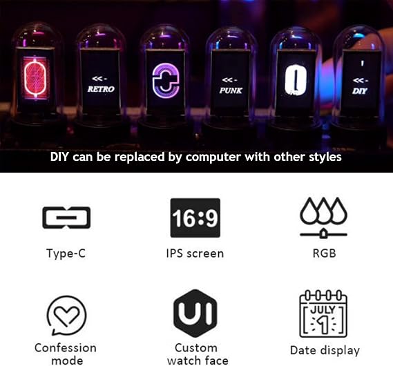 Digital Nixie Tube Clock, LED Glow 6 Digit Display, 20 Mode Adjustable, USB Type-C Powered, DIY Customized Photo Display, Creative Gift for Kids, Husband, Friends