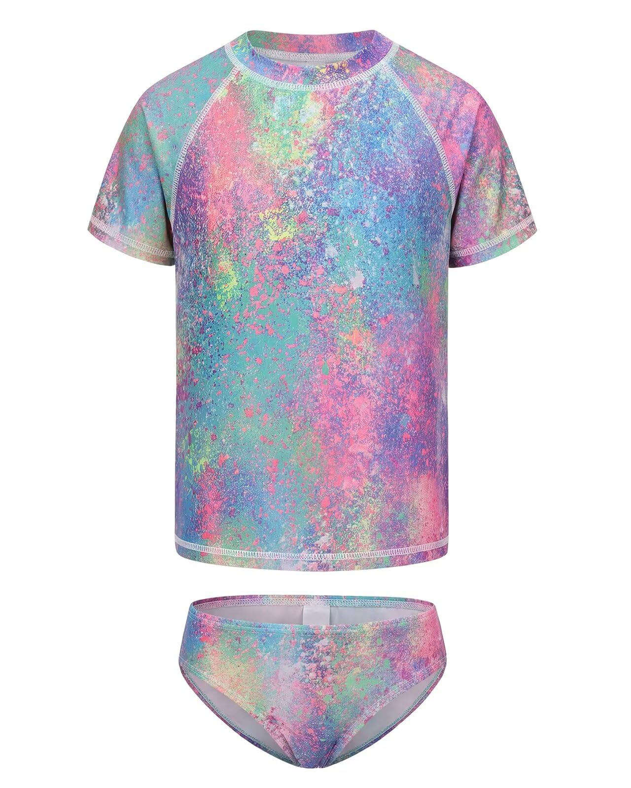 Girls Two Piece Rash Guard Swimsuits Set Short Sleeve Bathing Suit for Kids Hawaiian Swimwear Set 3-16 Years