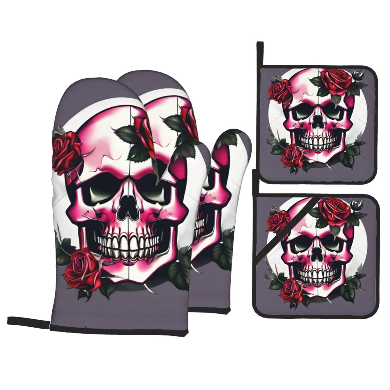 Rose Skull Print Oven Mitts,Pot Holders, Heat Resistant Oven Mitts Gloves,Hot Pads for Kitchen Cooking Grill