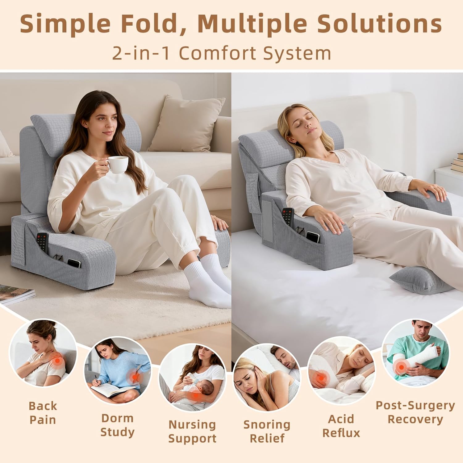 5PCS Reading Pillow for Sitting in Bed Adult, 2 in 1 Foldable Back Wedge Pillow for Sleep, Ergonomic Back Support Pillow with Arms for Watching TV, Gaming, Working, Recovery, 19” Grey